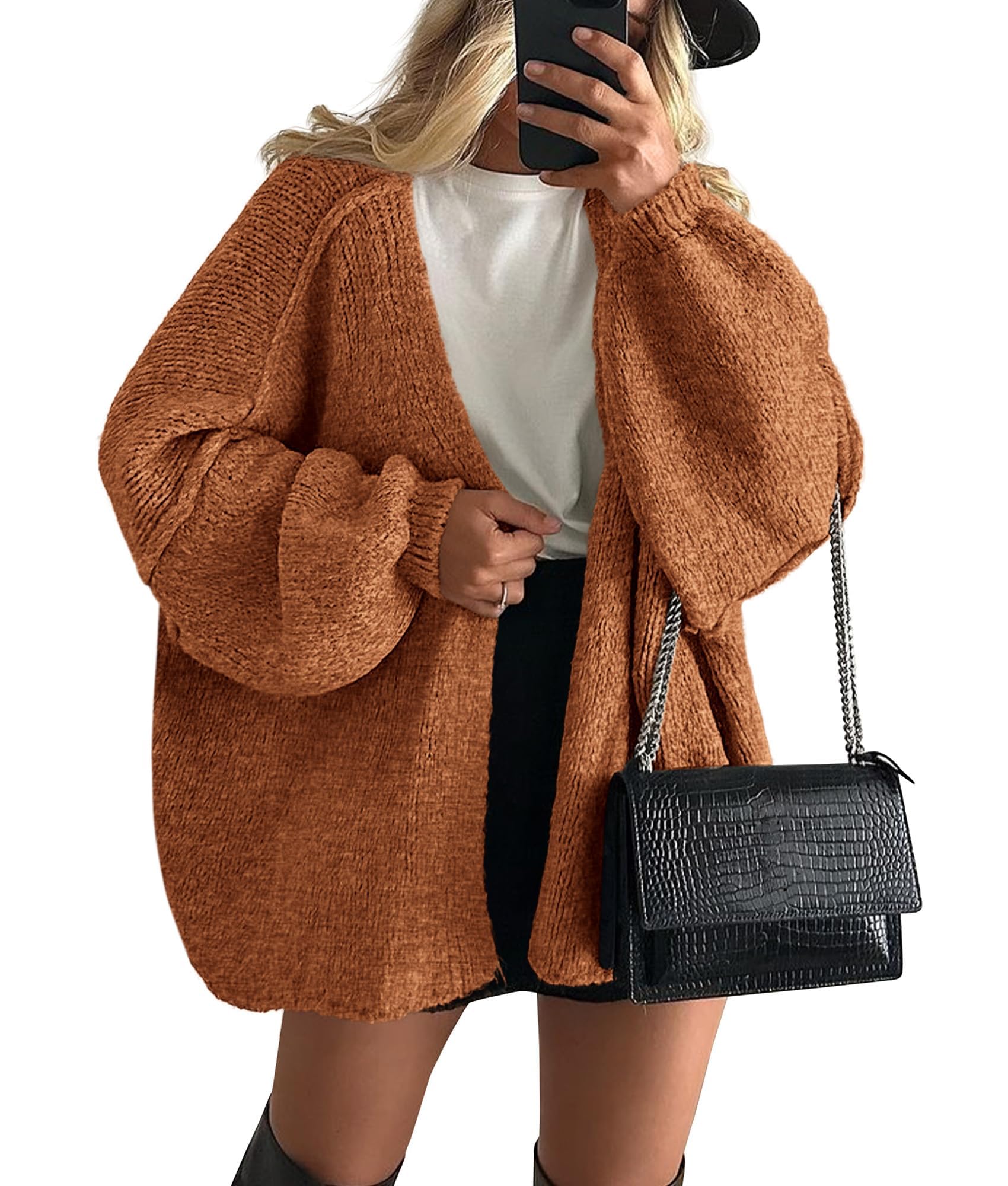 Womens Open Front Oversized Cardigan Sweaters,Brick Red,XS