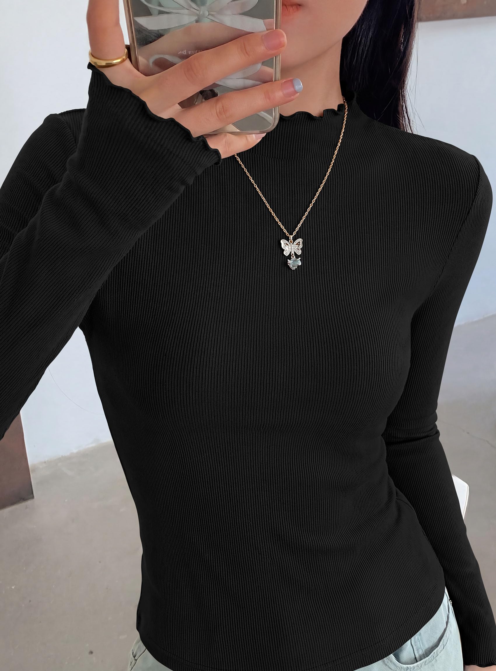 Women's Long Sleeve T Shirts Lettuce Trim Mock Neck Tops Black