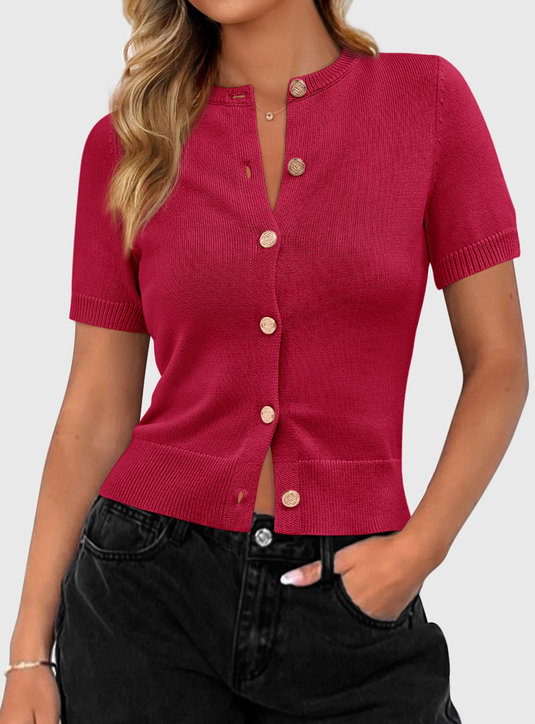 Womens Summer Cardigan Short Sleeve Sweater,Red,S