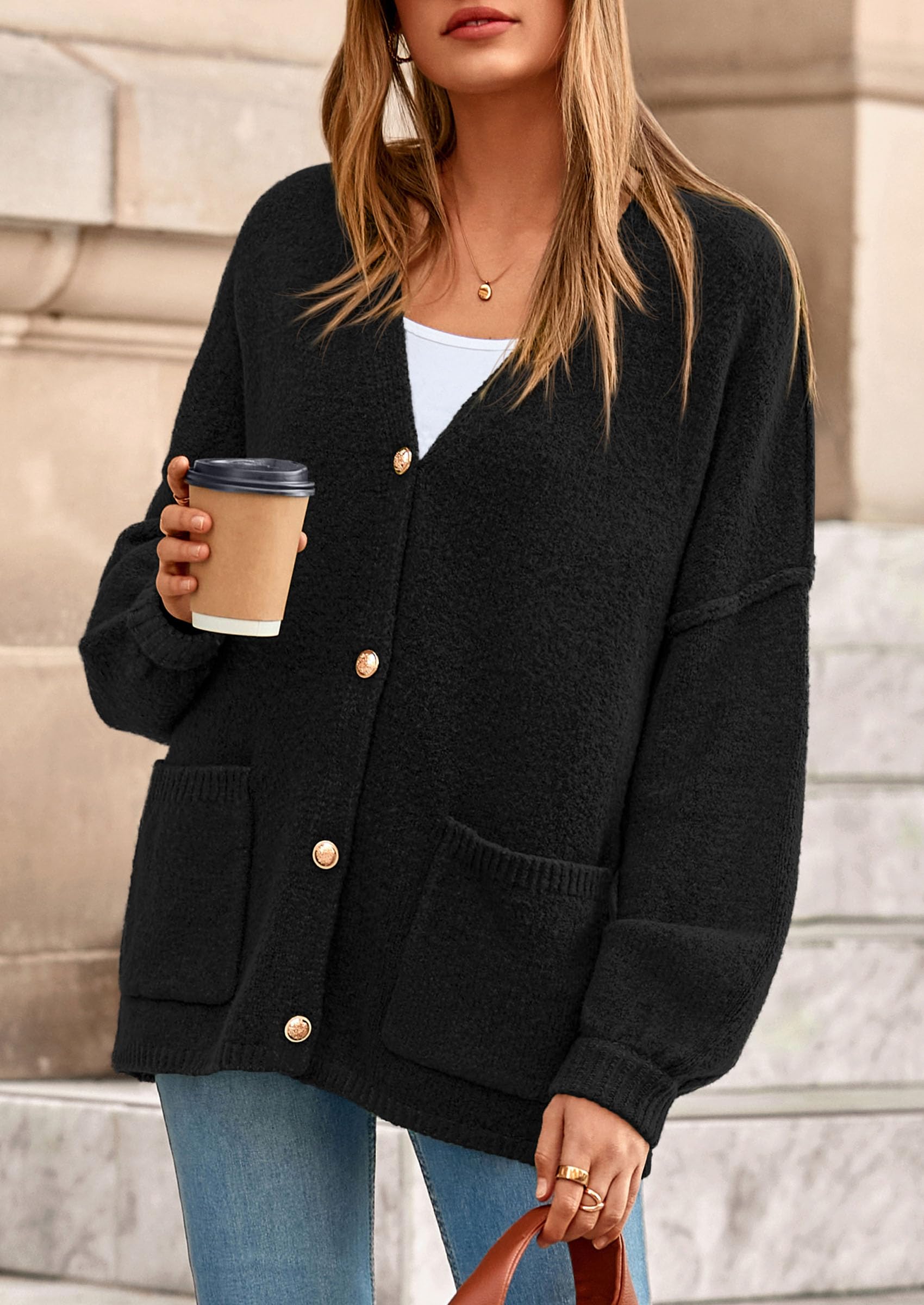 Oversized Chunky Cardigan Sweaters for Women Black,S