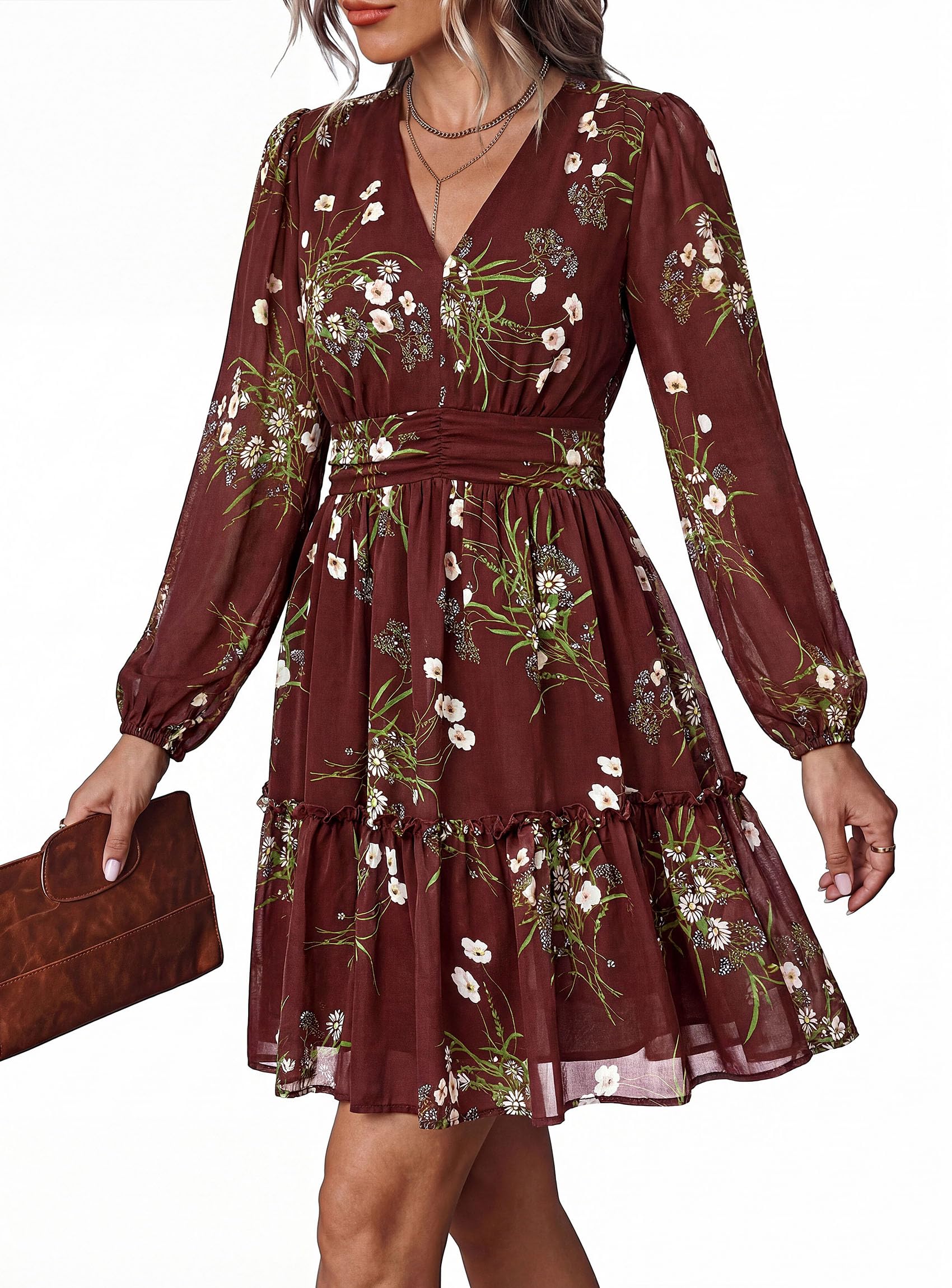 Women Floral Long Sleeve Mini Dress Fall Wedding Guest Dresses