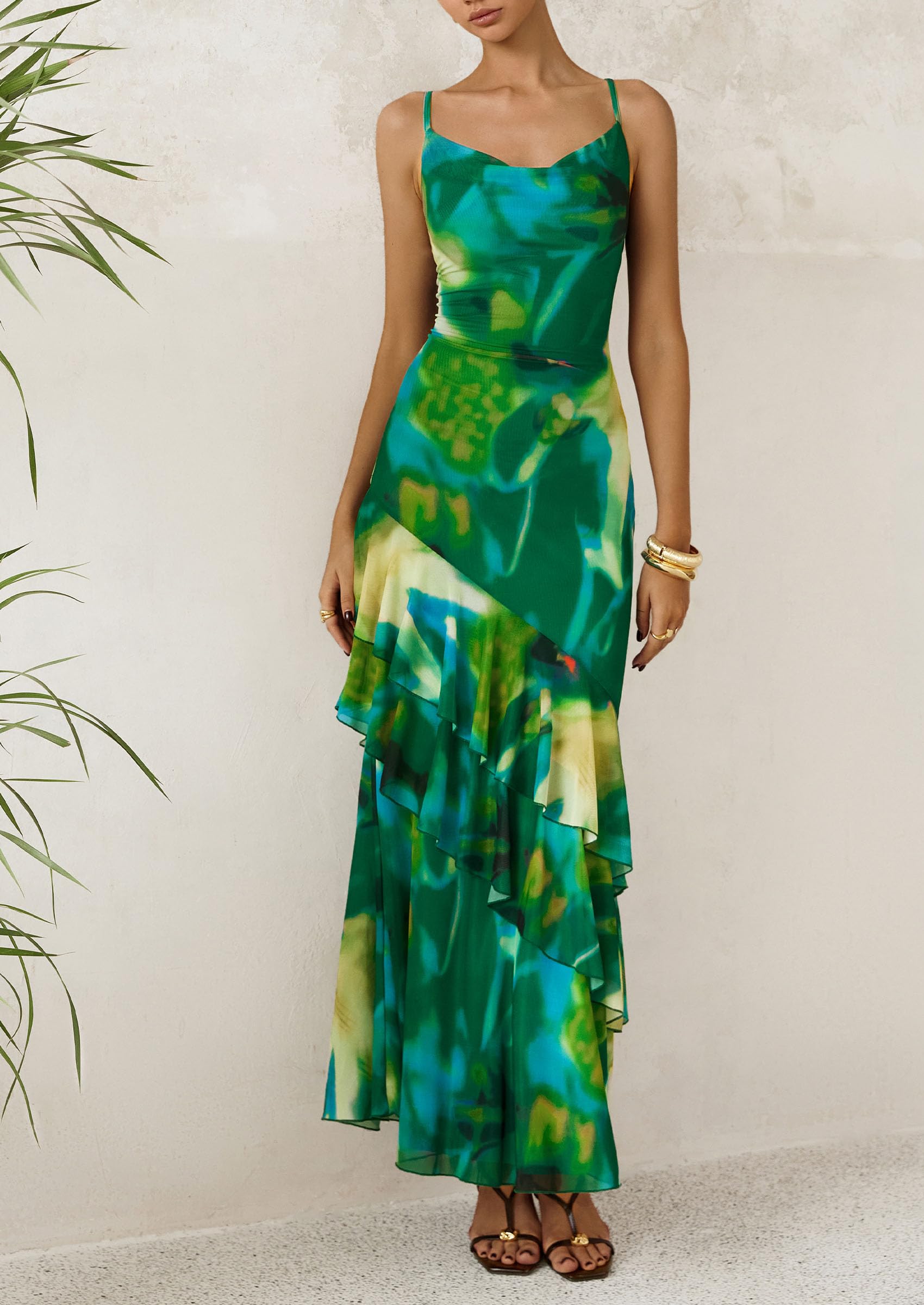 Women's Boho Floral Tiered Maxi Dress, Print Green,XS