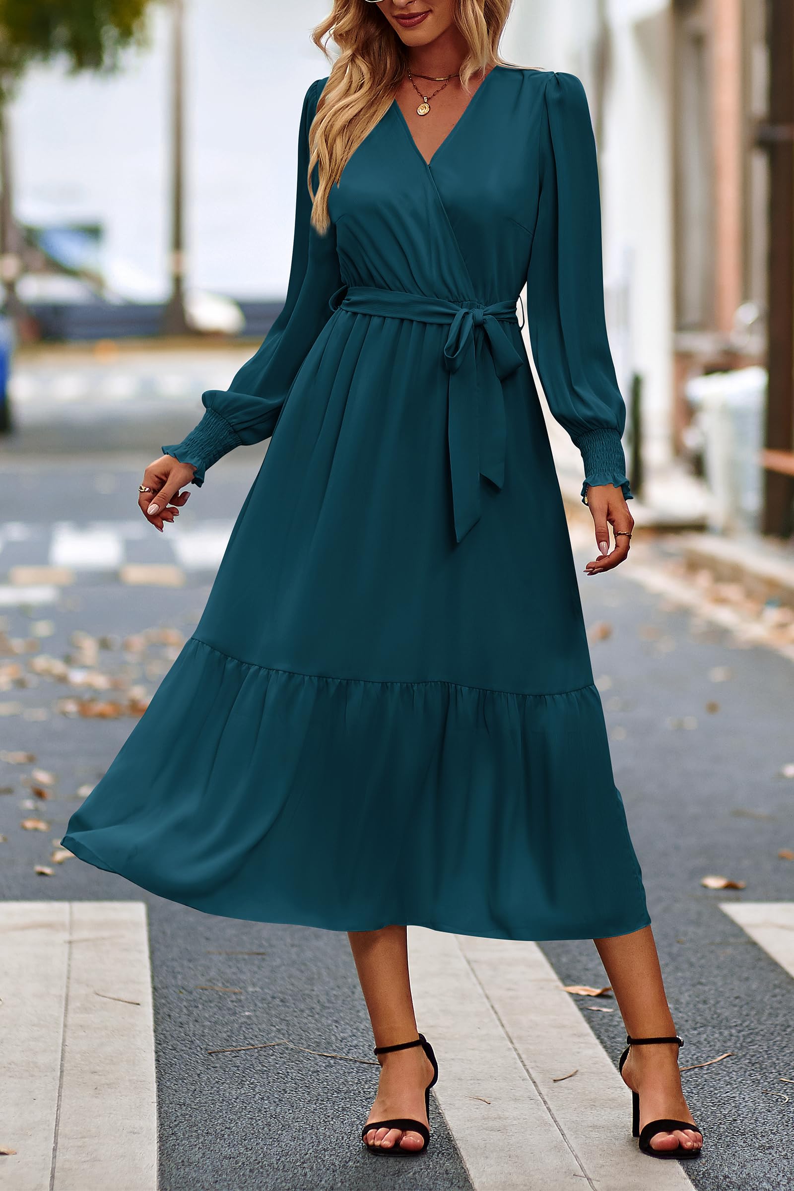 Women's Boho Long Sleeve Maxi Dress, Solid Lake Blue,S