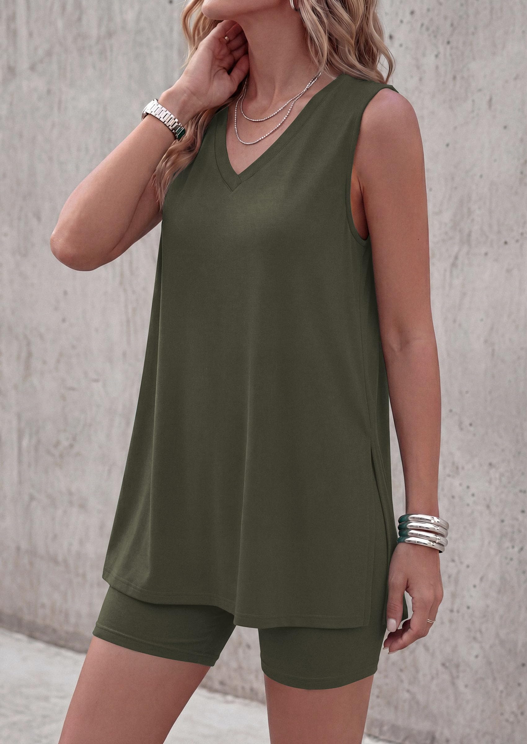Women's Summer 2 Piece Outfits Short Sets (Army Green,M)