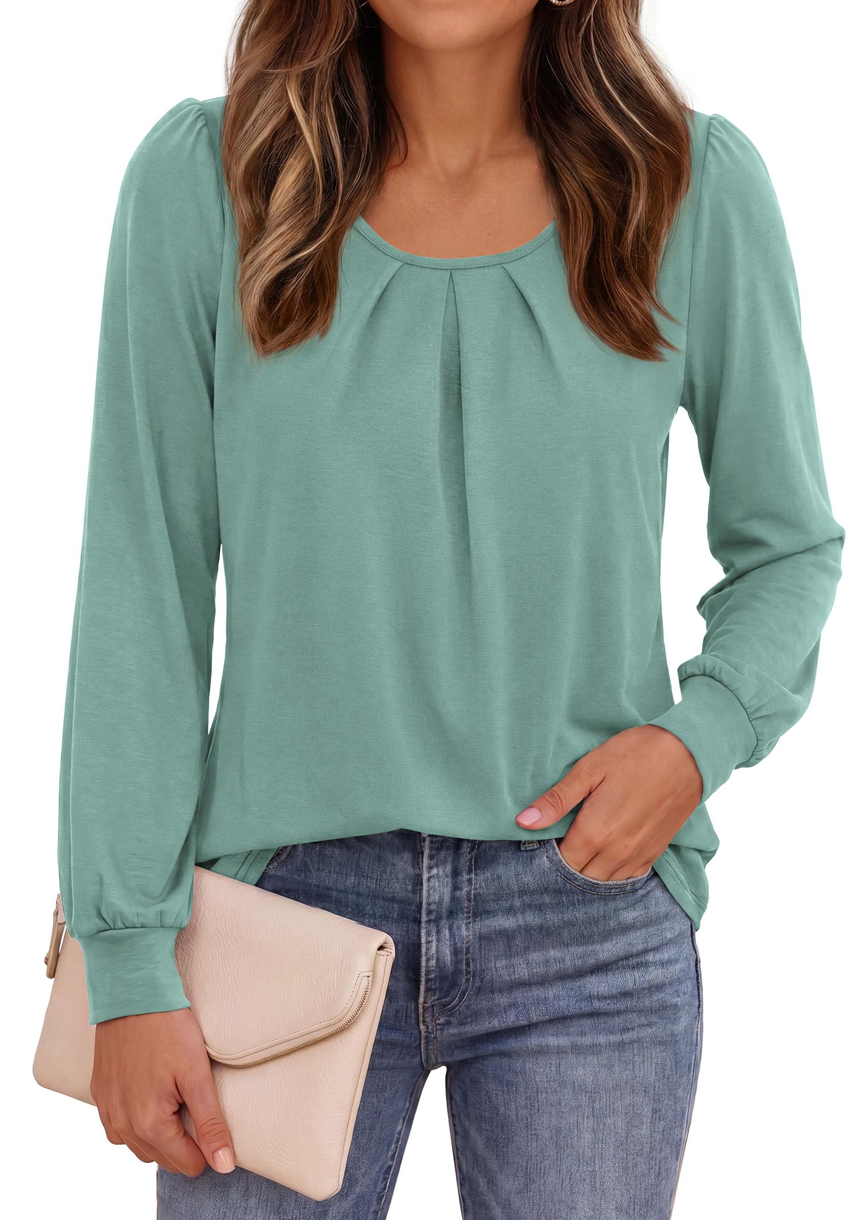 Womens Long Puff Sleeve Tops Crew Neck Blouse (Grey Green,S)