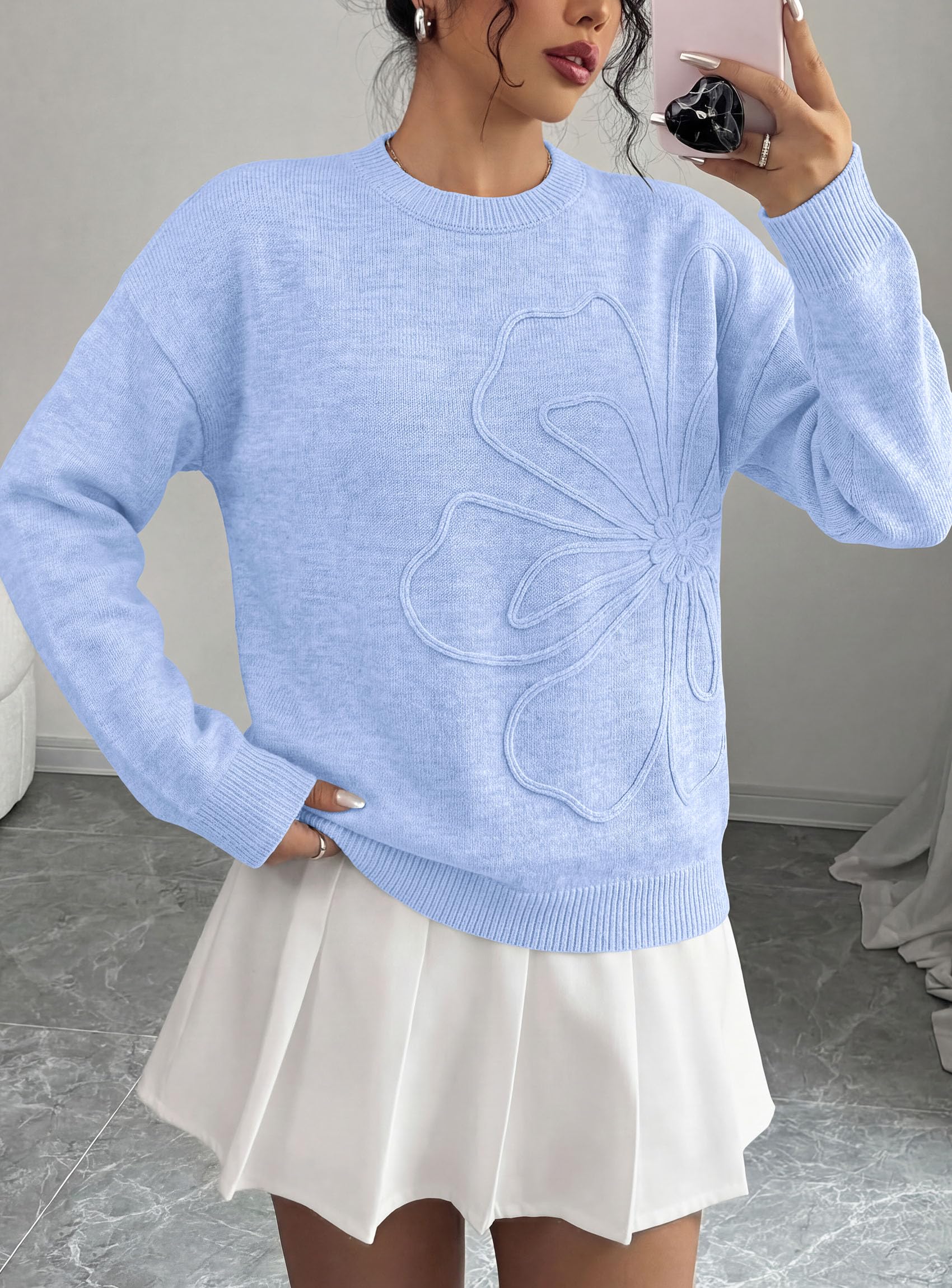 Sweaters for Women Fall Fashion Embroidered Floral Knit Tops