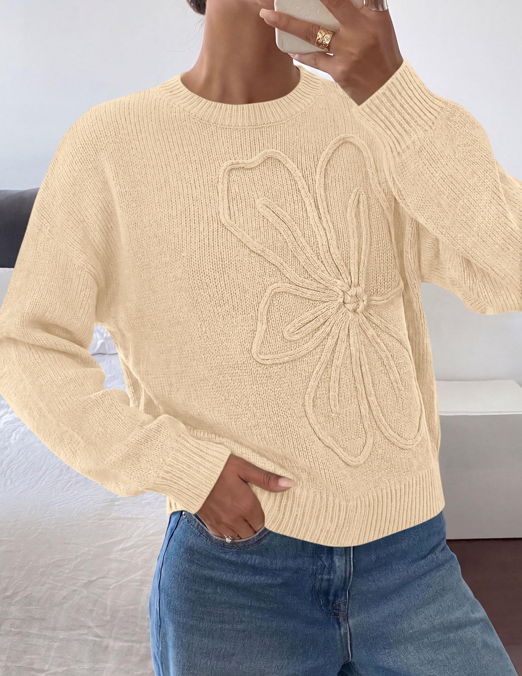 Women's Oversized 3D Floral Knit Sweater,Apricot,S