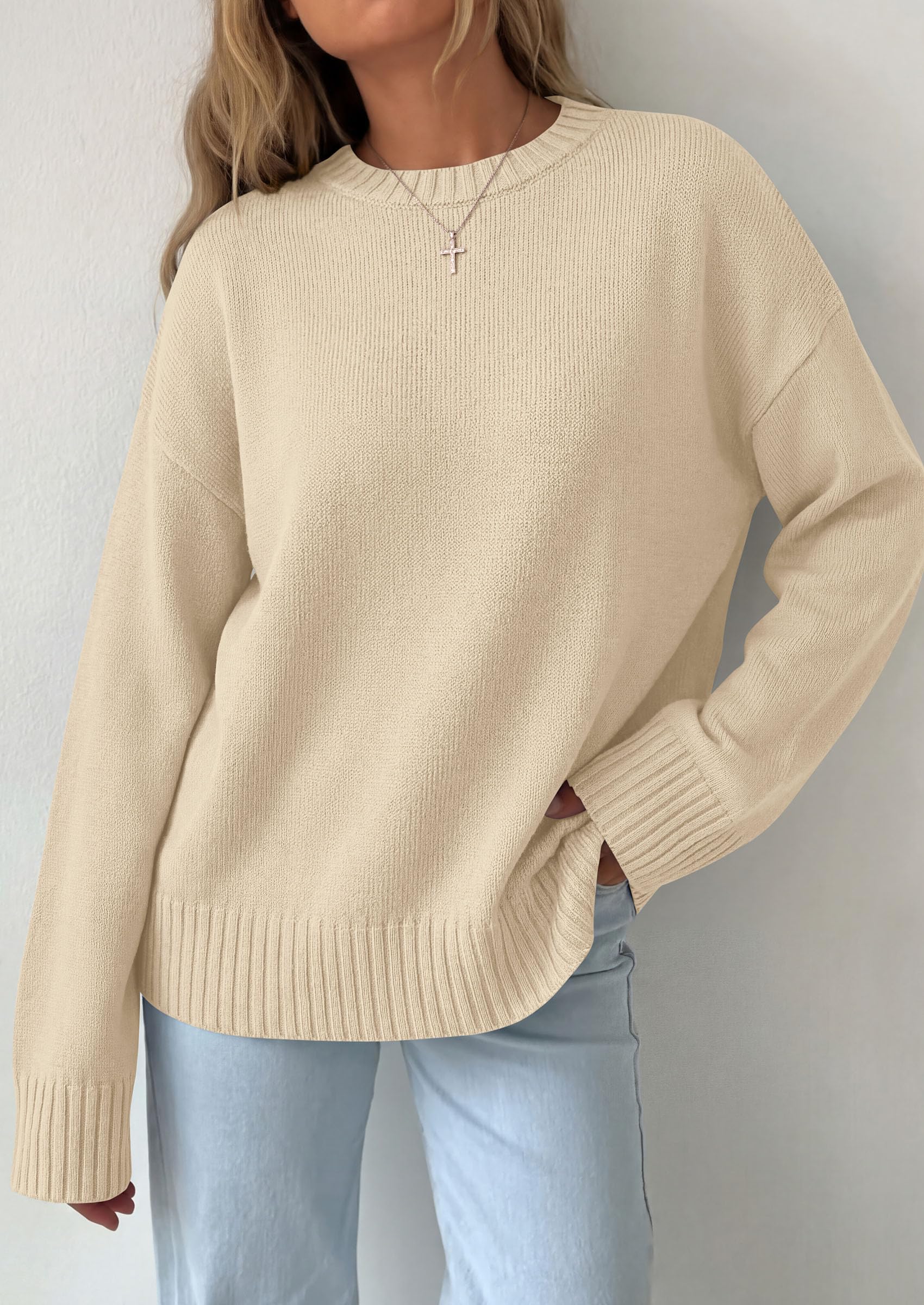 Oversized Sweater Women's Crewneck Long Sleeve Tops Beige