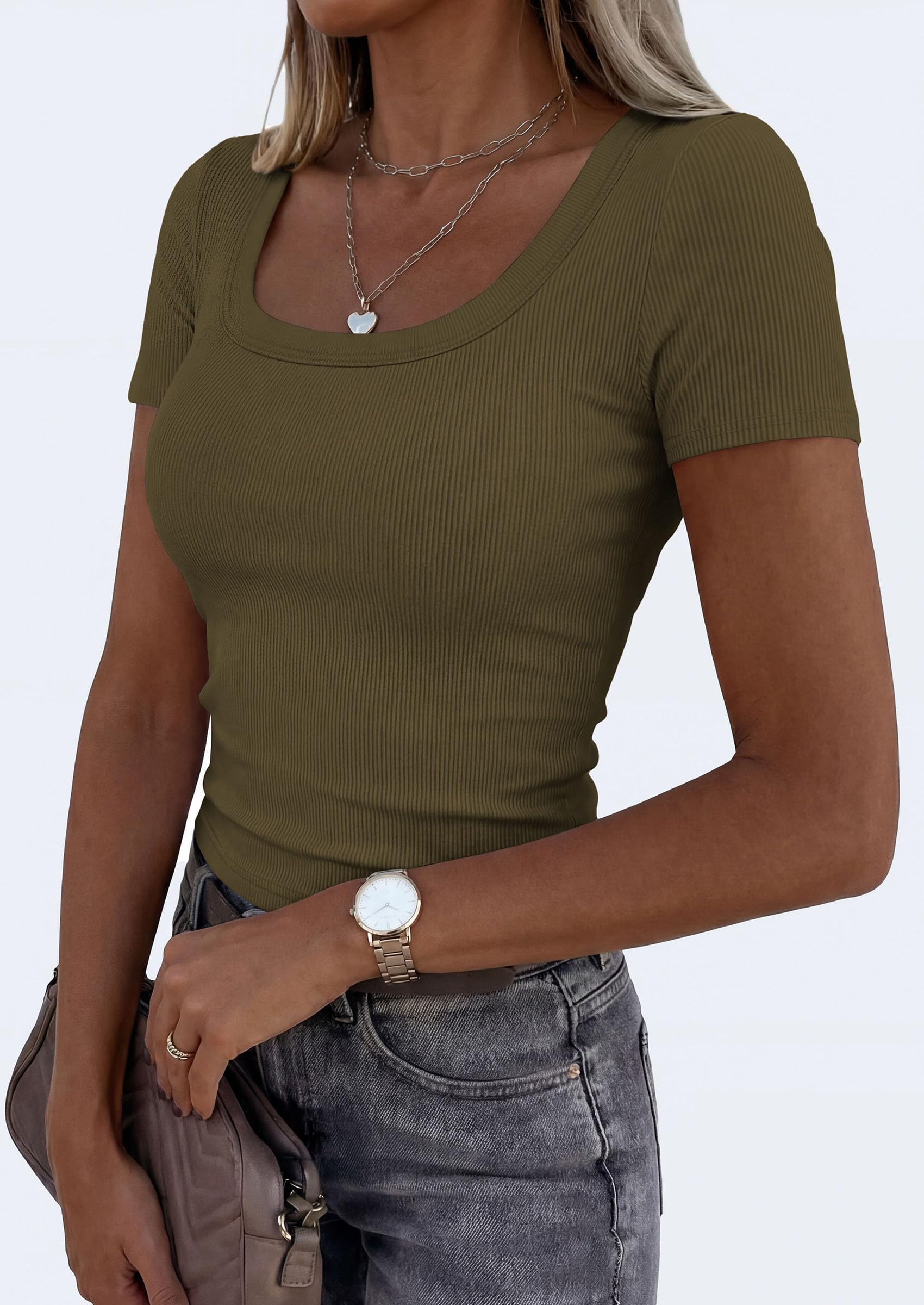 Womens Summer Short Sleeve Scoop Neck Tops,Army Green,S
