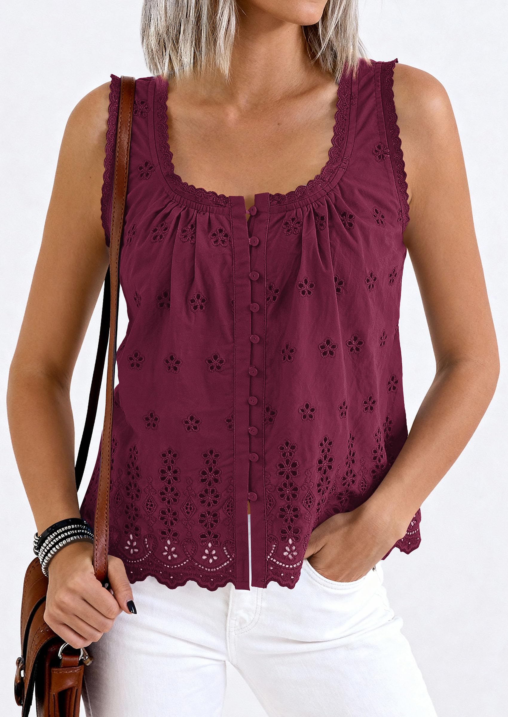 Women's Lace Tank Top Embroidery Eyelet Blouses,Burgundy,S