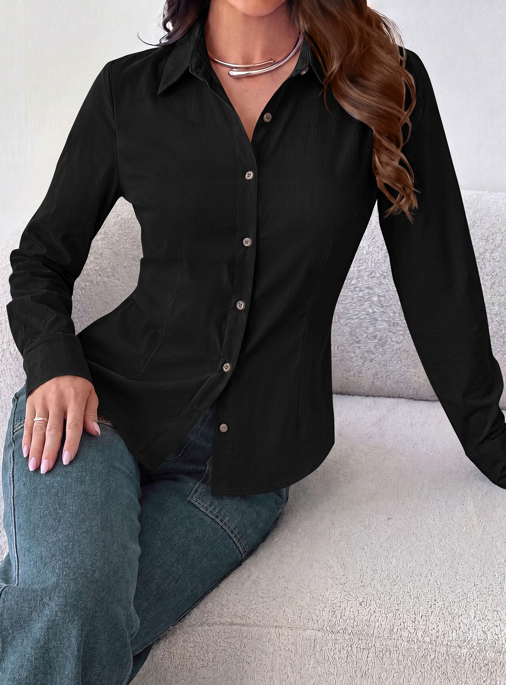 Womens Button Down Shirts Long Sleeve Blouse (Black,S)