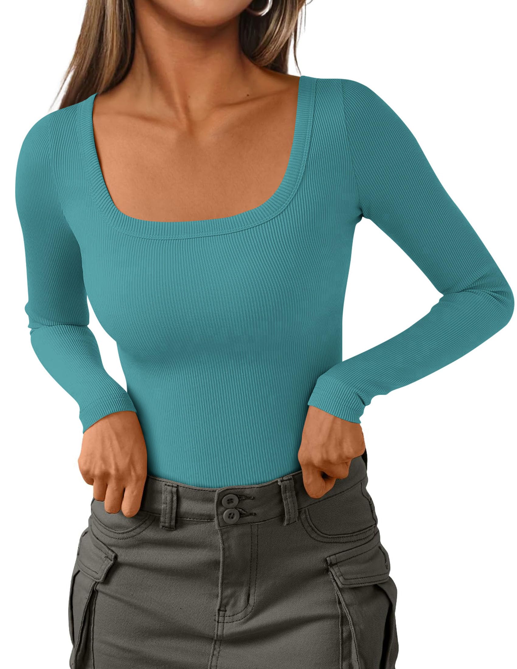 Square Neck Long Sleeve Shirts for Women Malachite Green,XS