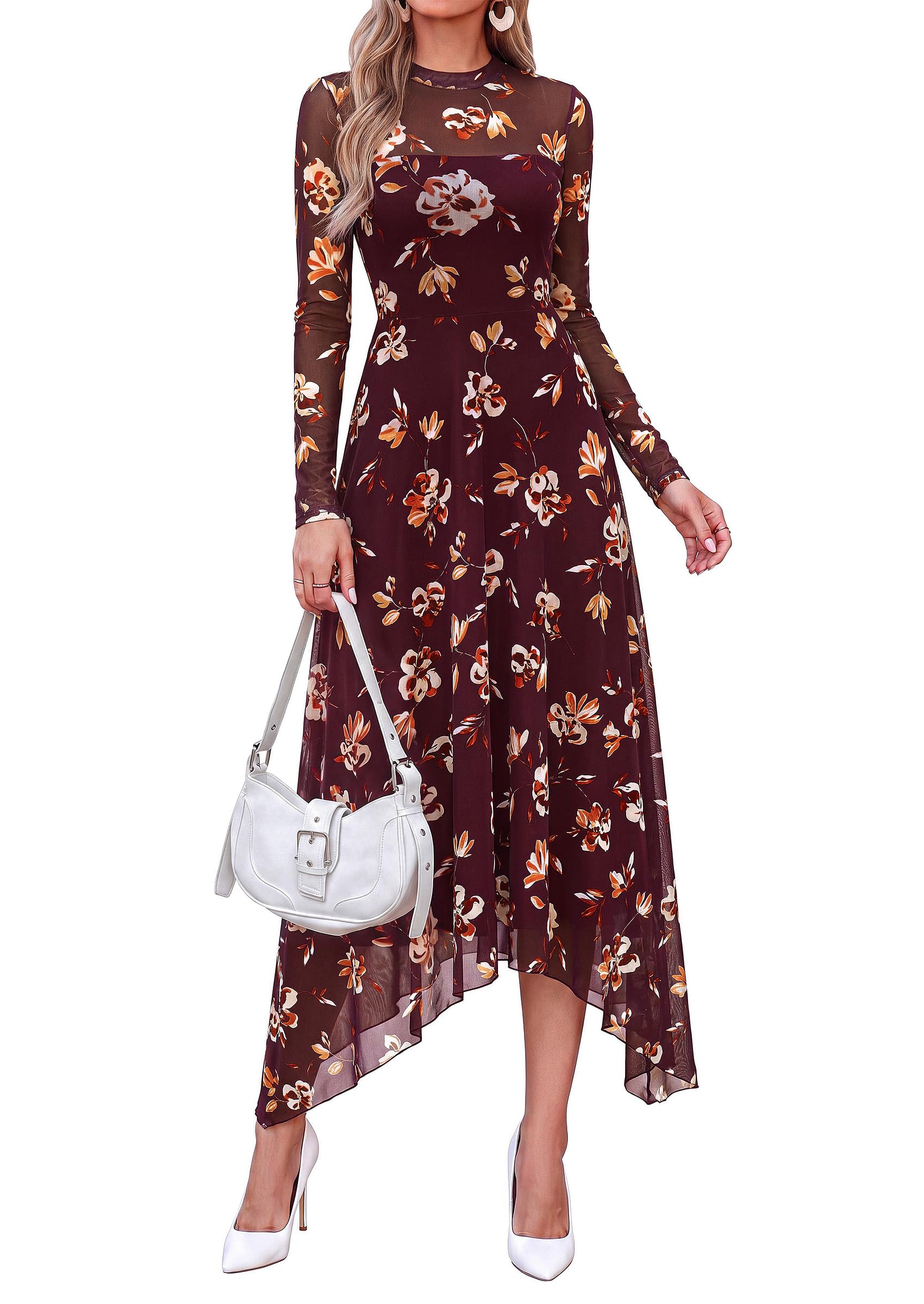 Women's Floral Mesh Midi Dress,Floral Burgundy Yellow,S