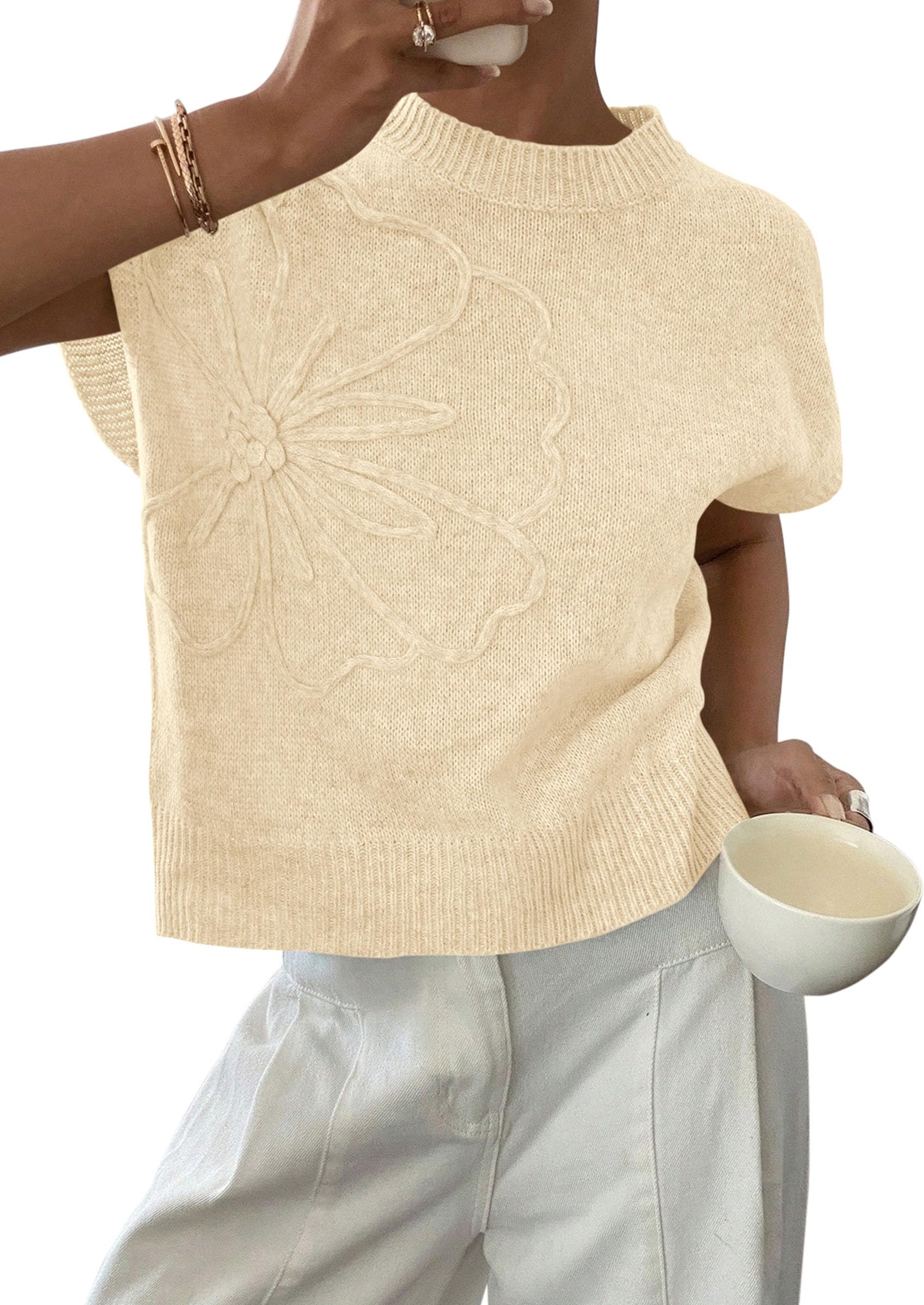 Women's Summer Short Cap Sleeve Sweater Vest (Apricot,S)
