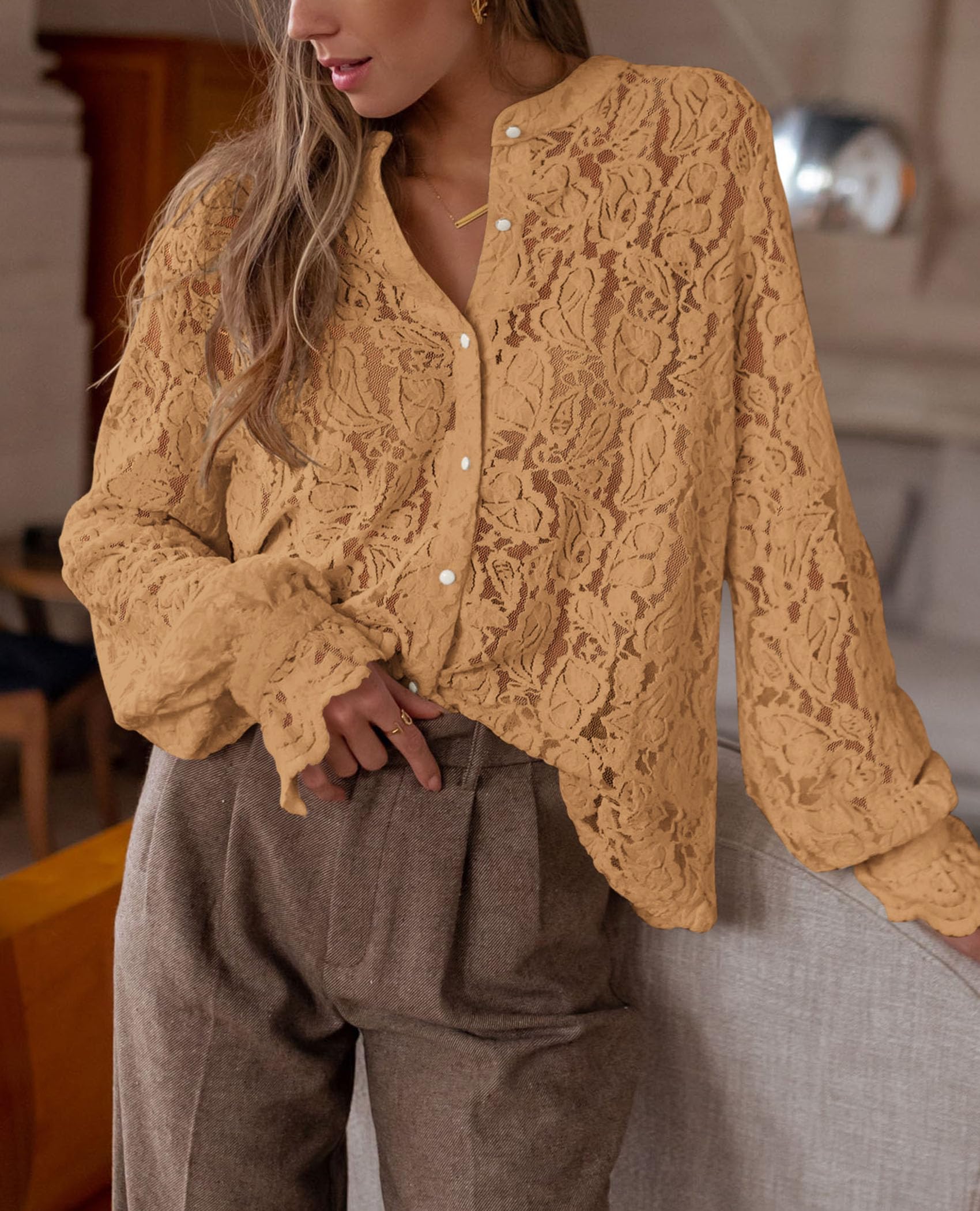 Women's Fall Trendy Long Sleeve Lace Tops(Khaki,Small)