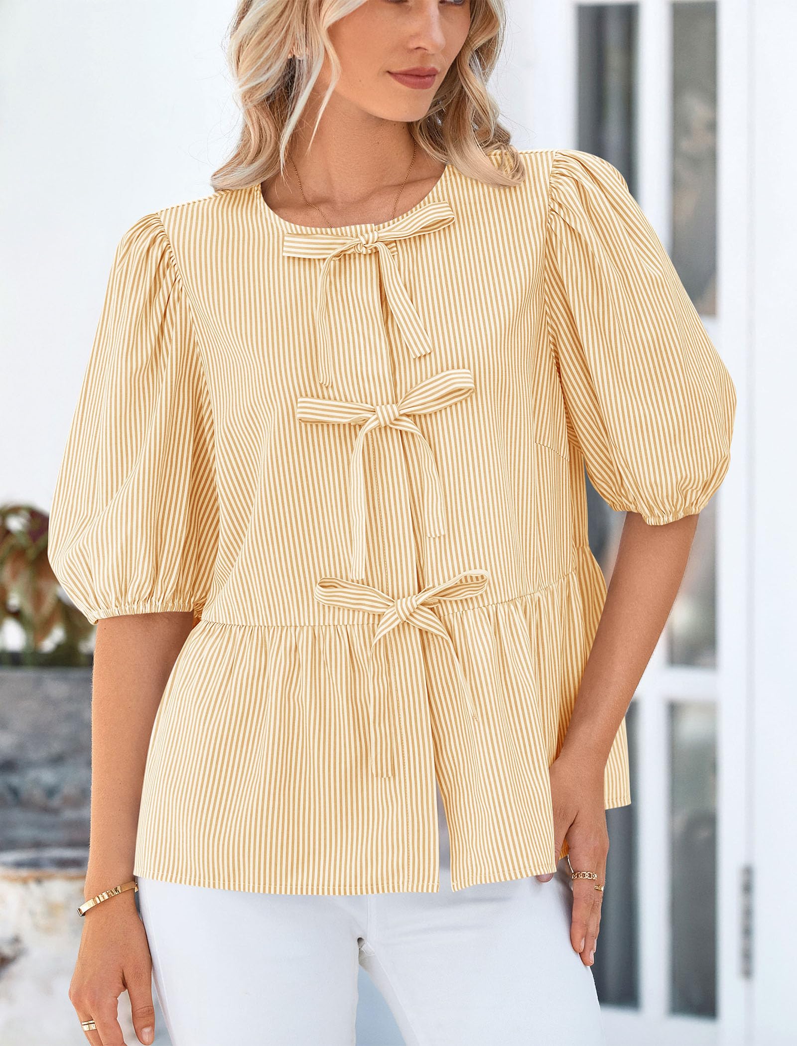 Women Striped Tie Front Babydoll Peplum Tops, Yellow,M