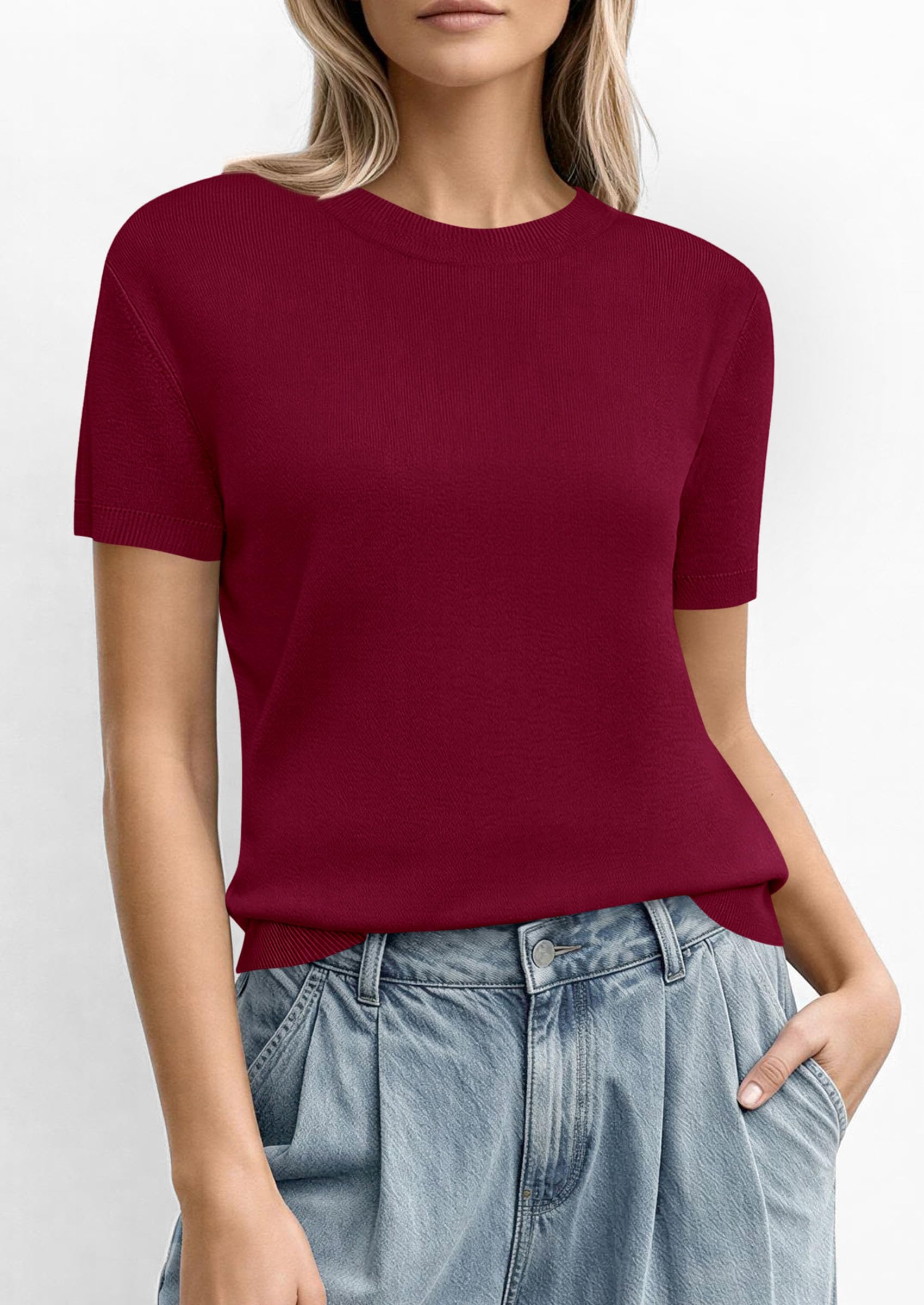 Women's Short Sleeve Sweaters Summer Tops,Burgundy,S