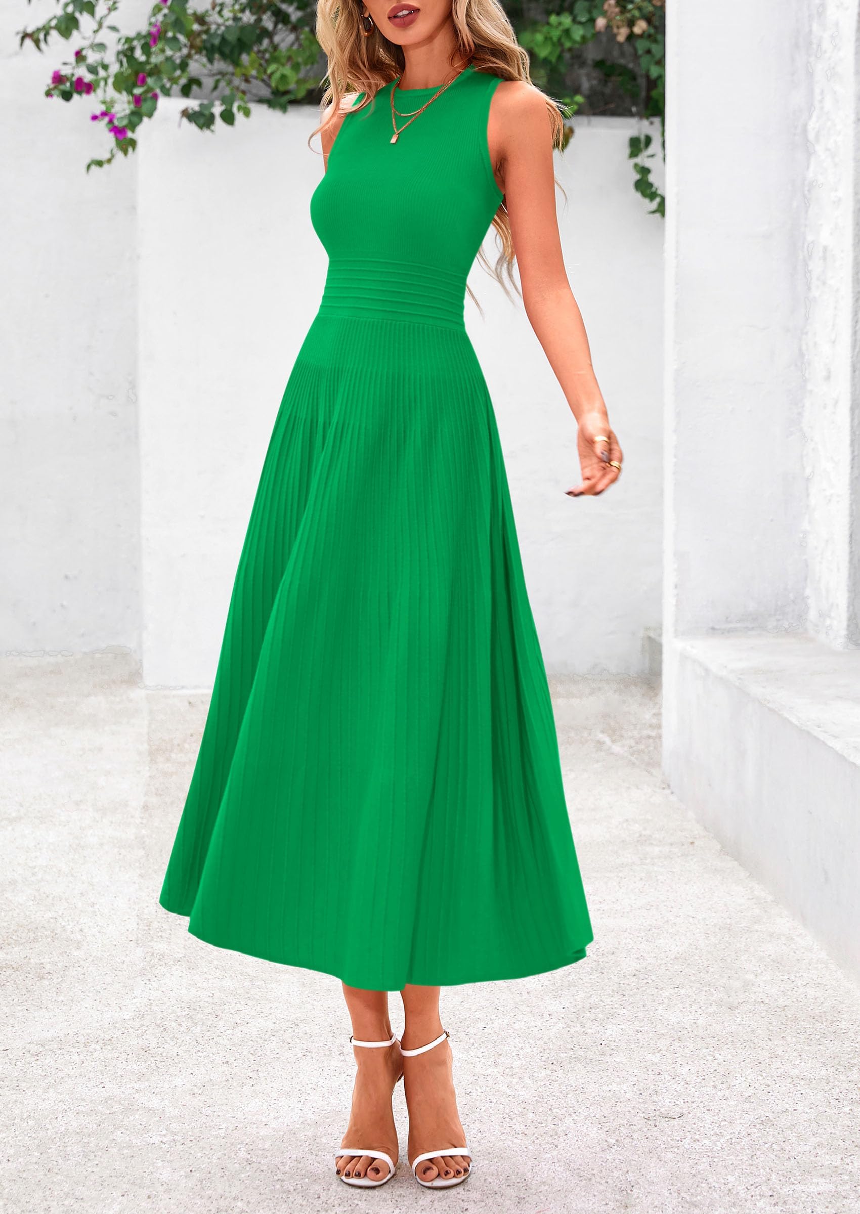 Women's Summer Pleated Midi Work Dress,Green,S