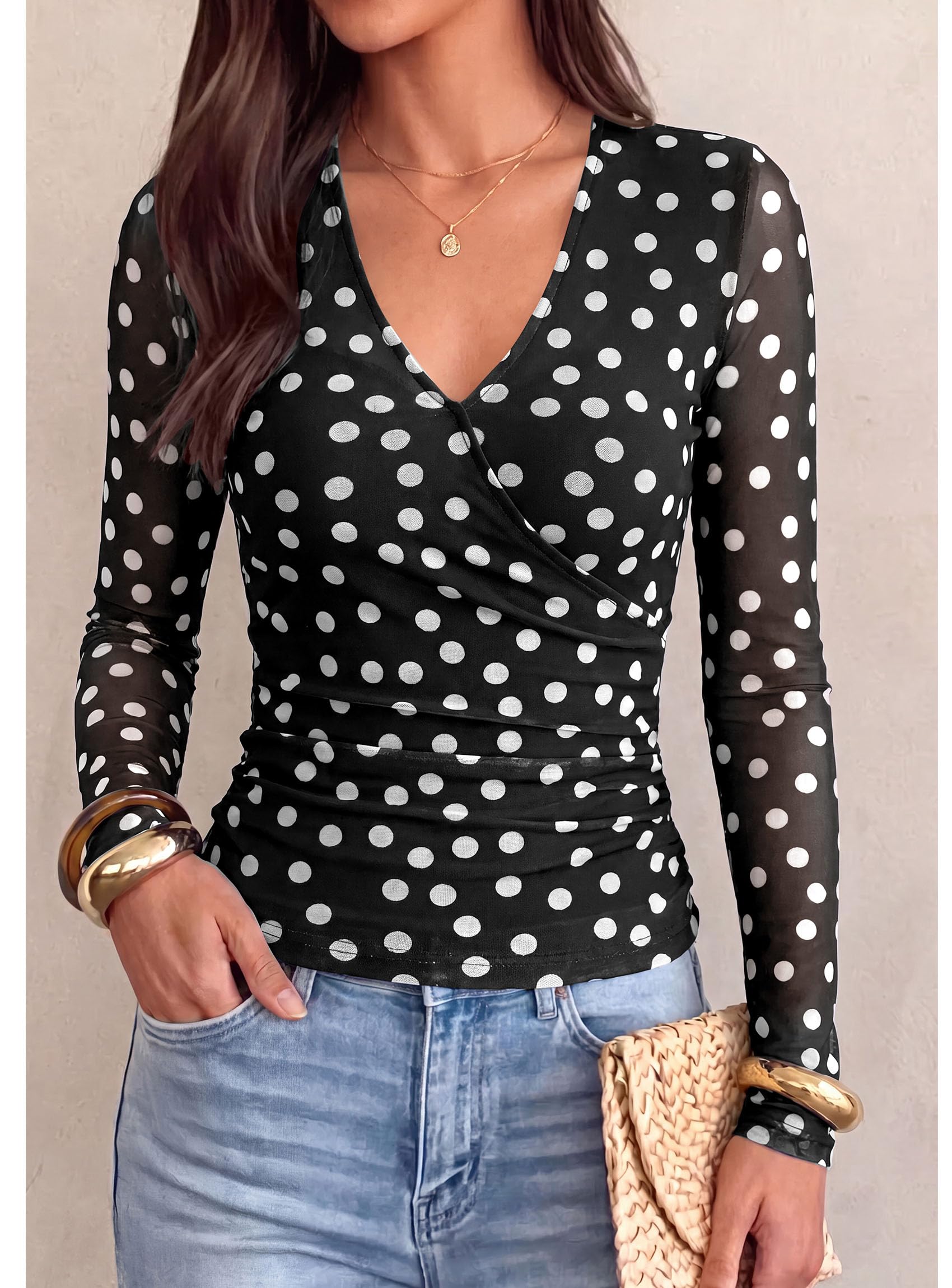 Womens Mesh Wrap Dressy Top Floral V Neck Long Sleeve Shirts