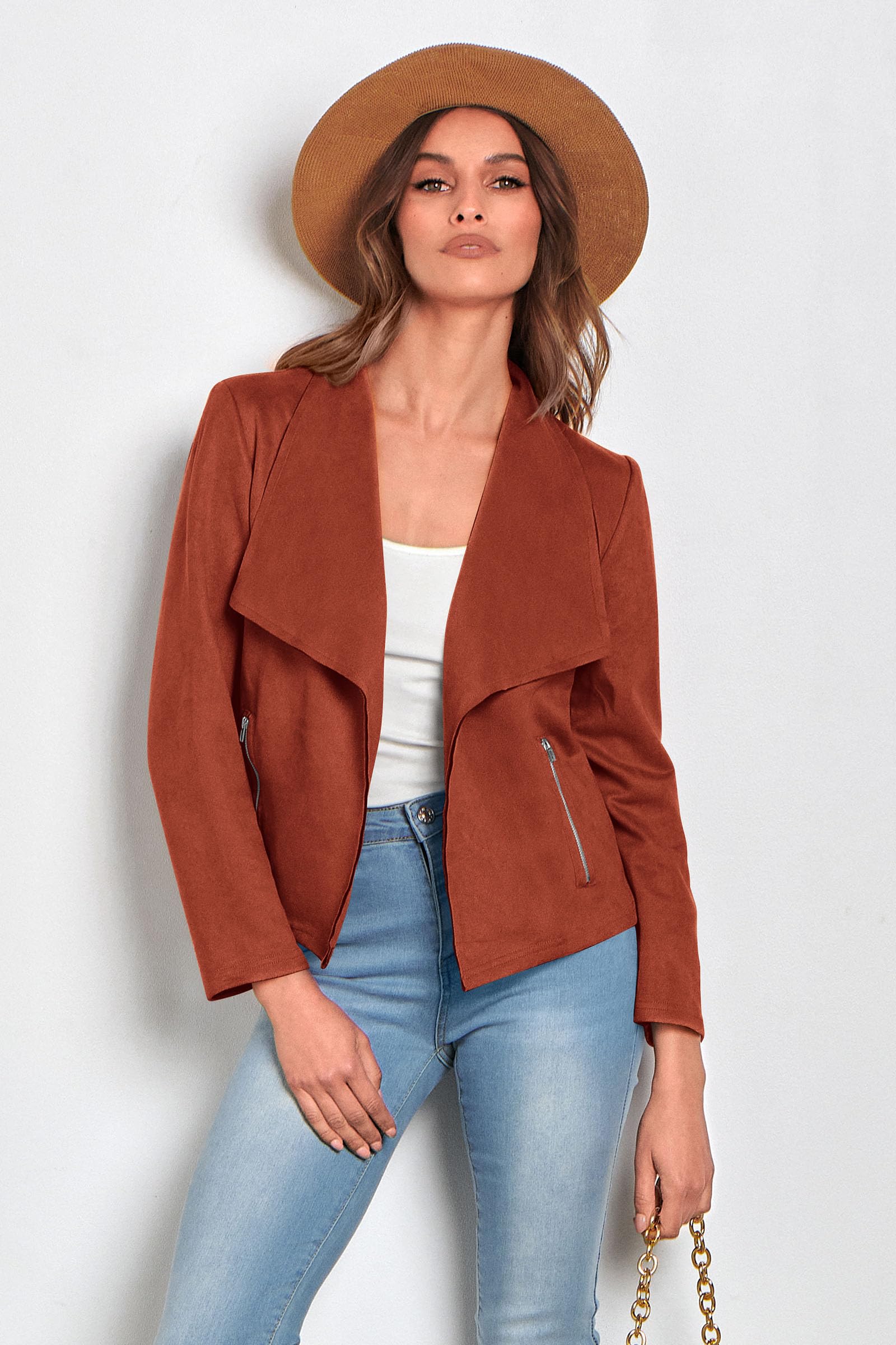 Women's Fall Fashion Faux Suede Jackets(Rust Red,Small)