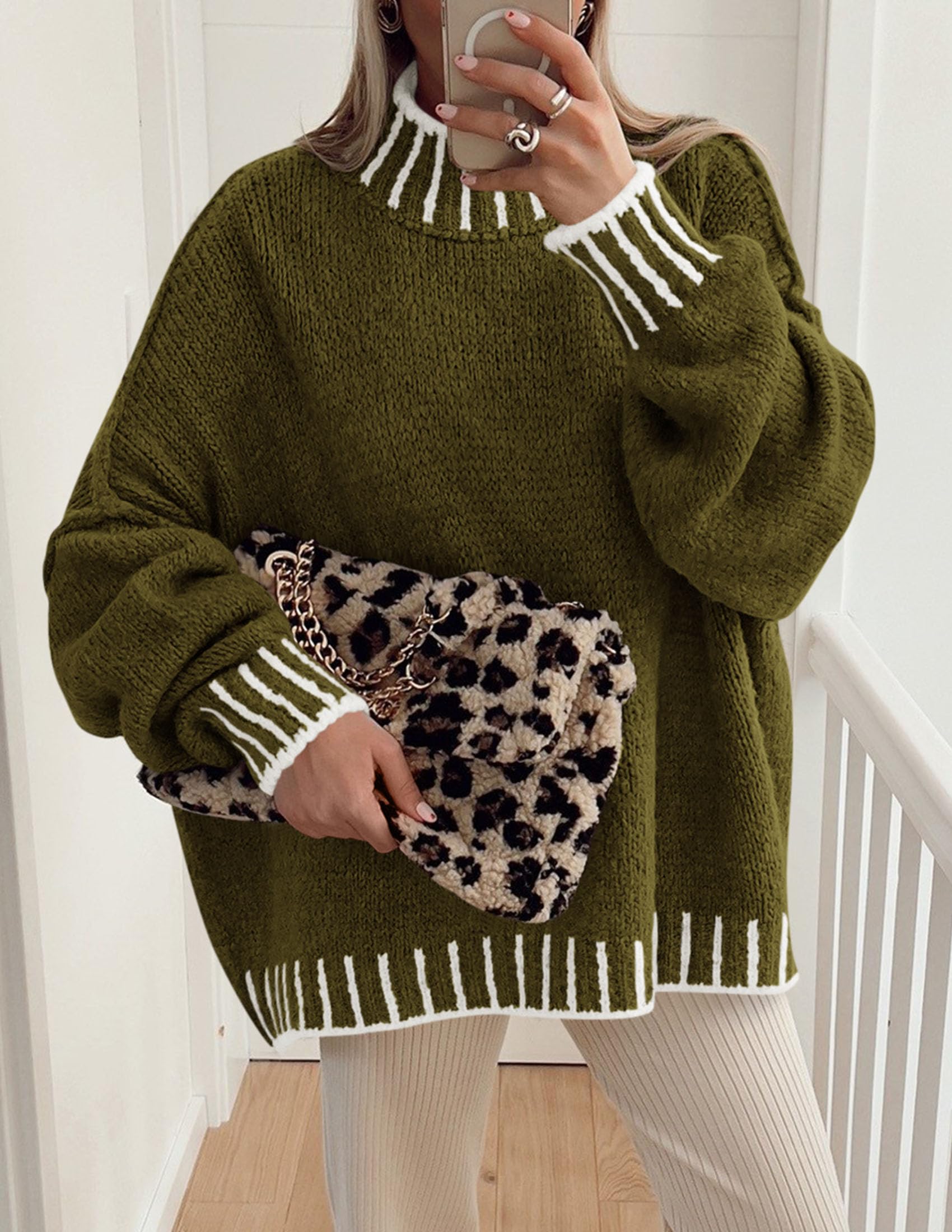 Women's Mock Neck Oversized Pullover Sweaters,Army Green,XS