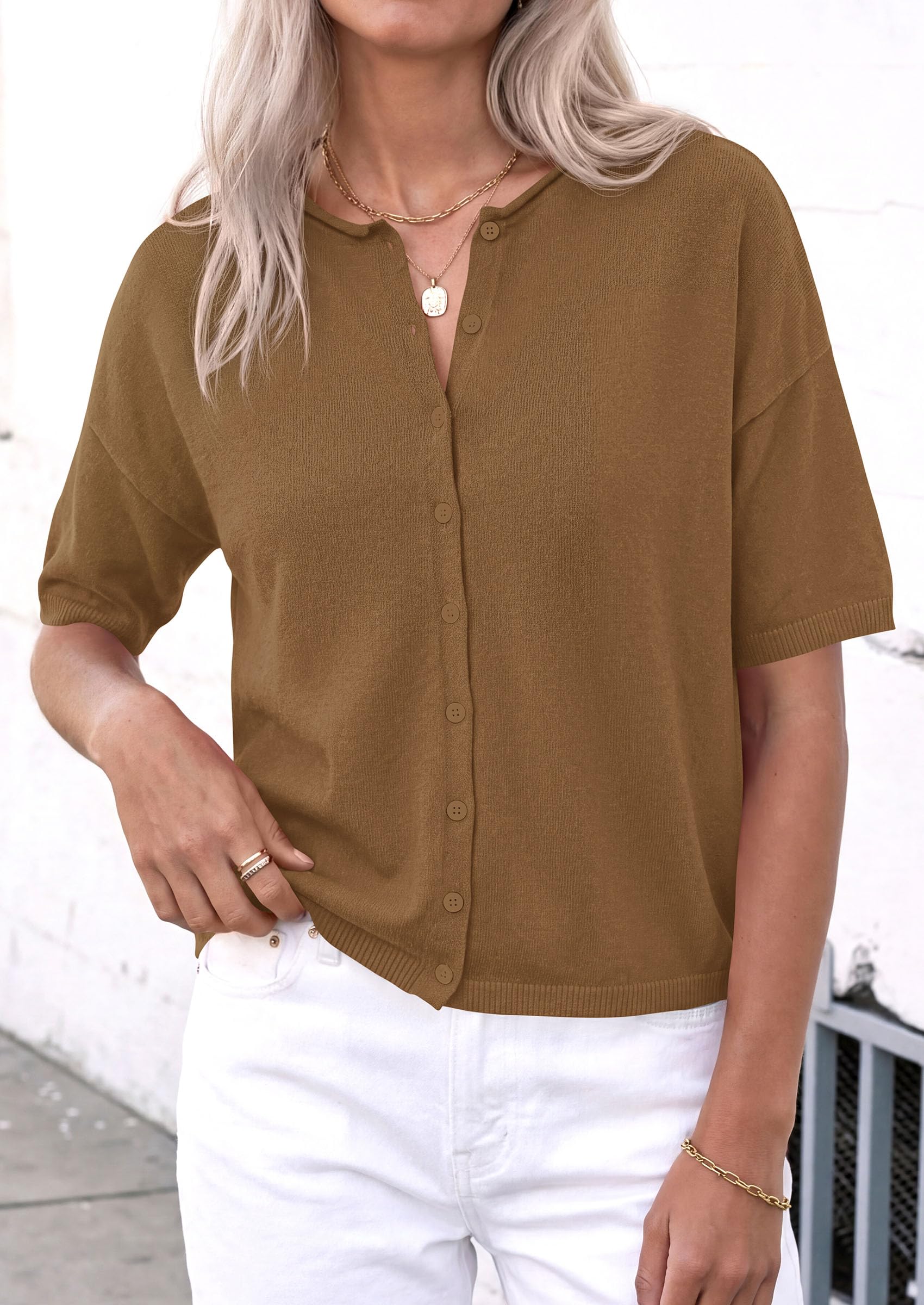 Women's Short Sleeve Cardigan Sweaters (Dark Khaki,Small)
