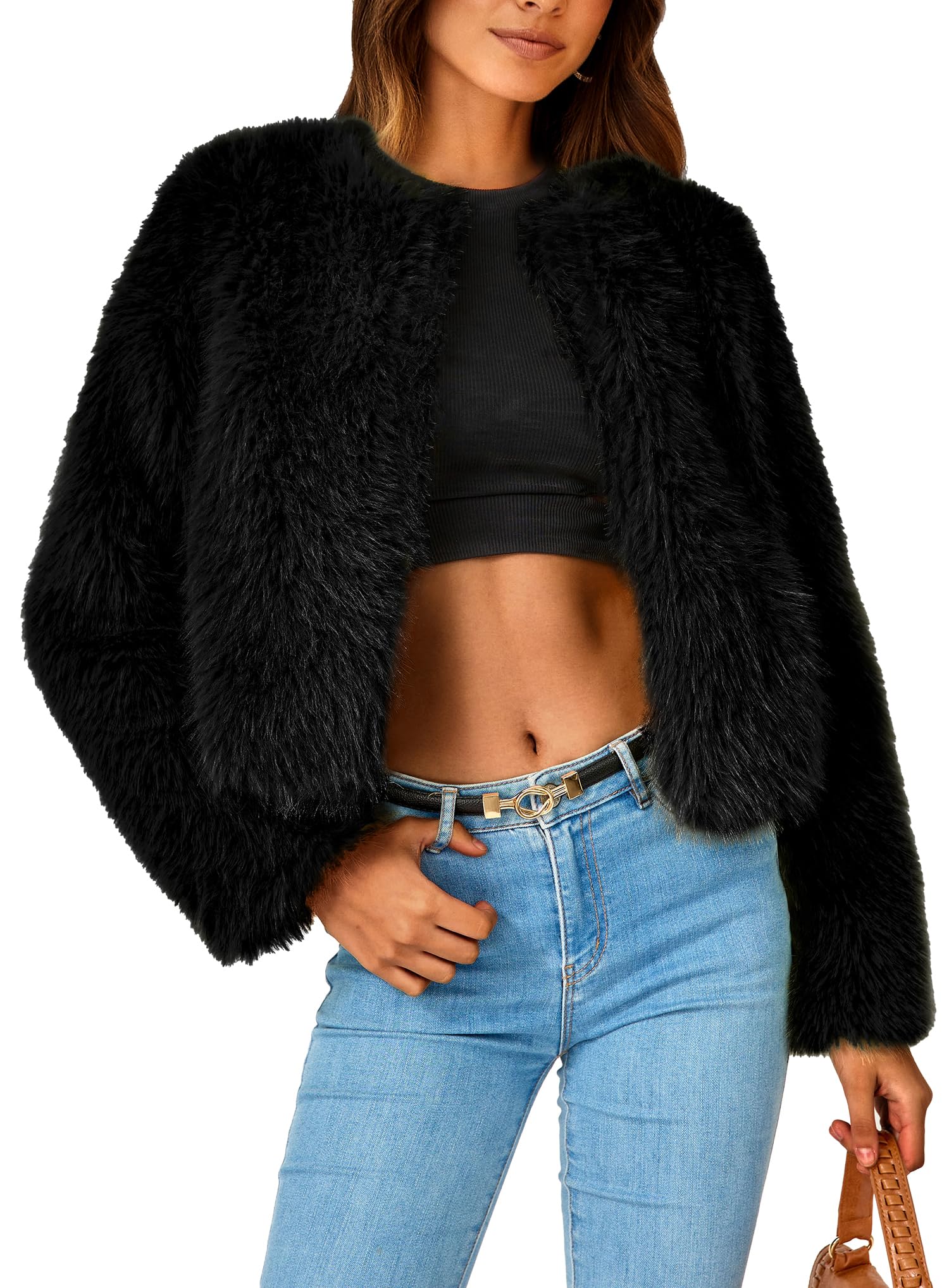 Women's Winter Cropped Faux Fur Coats(Black,Small)