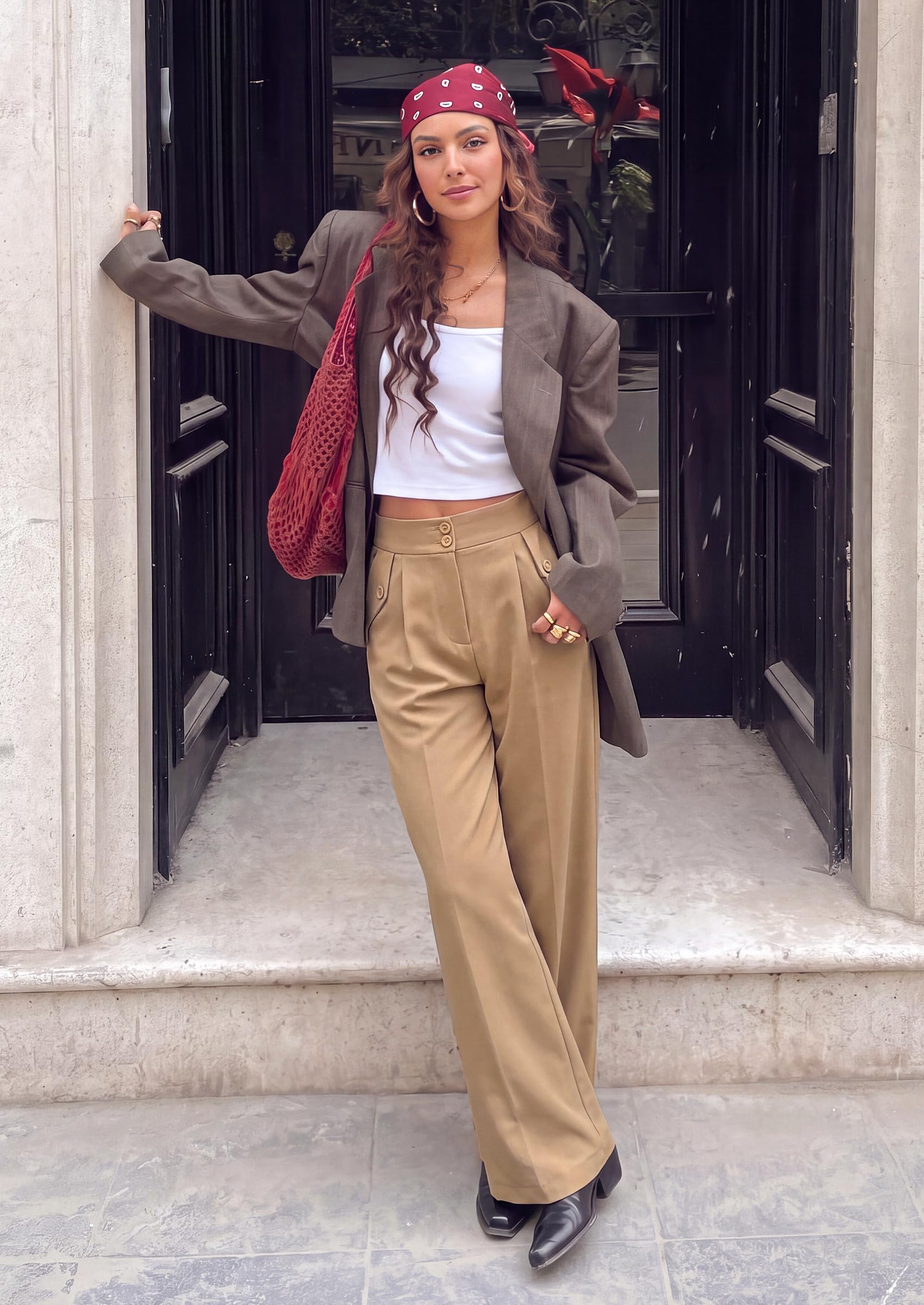 Women's Wide Leg Work Dress Pants Trousers, Khaki,S