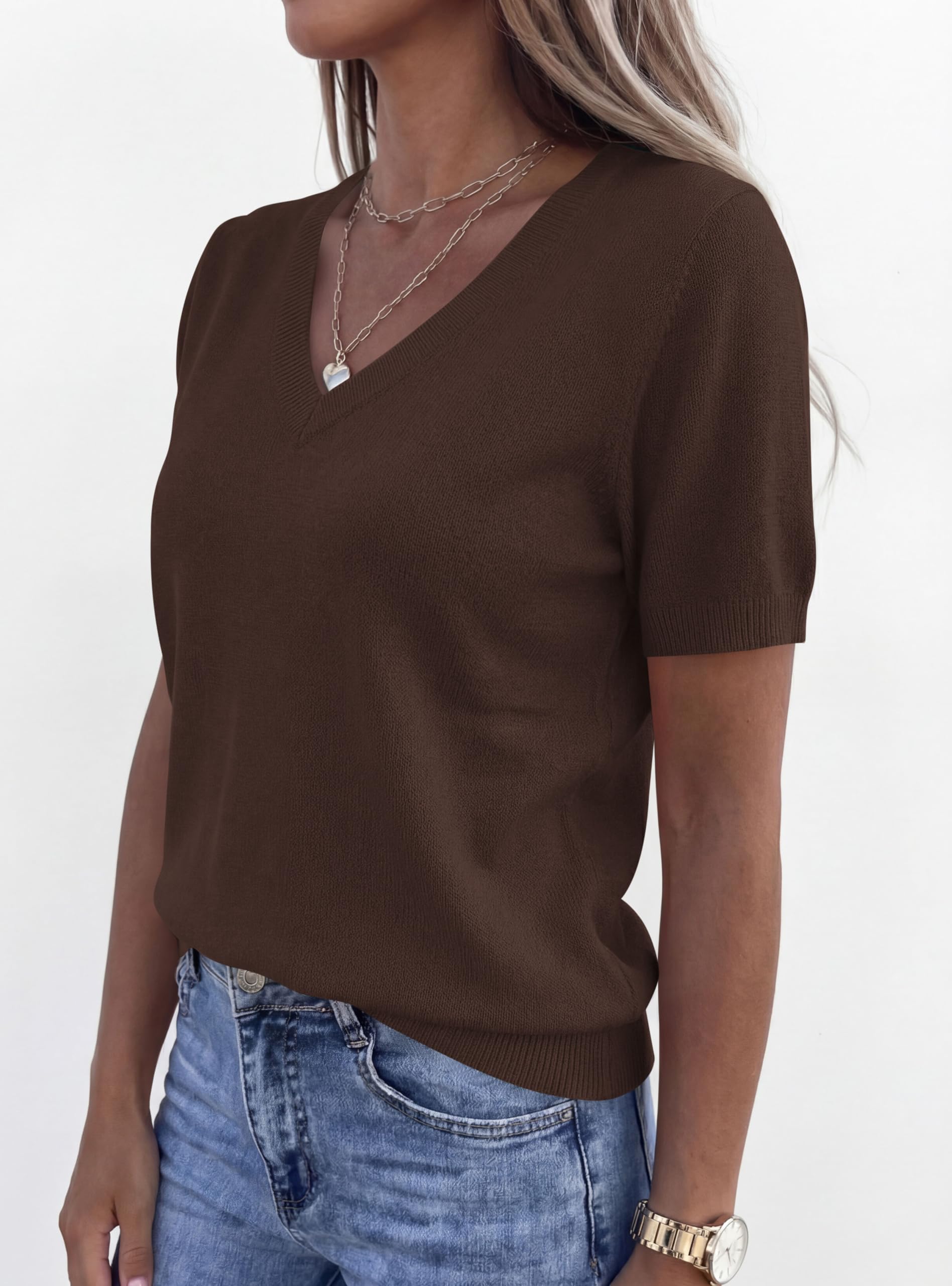Womens Short Sleeve Sweater V Neck Tops,Brown,S