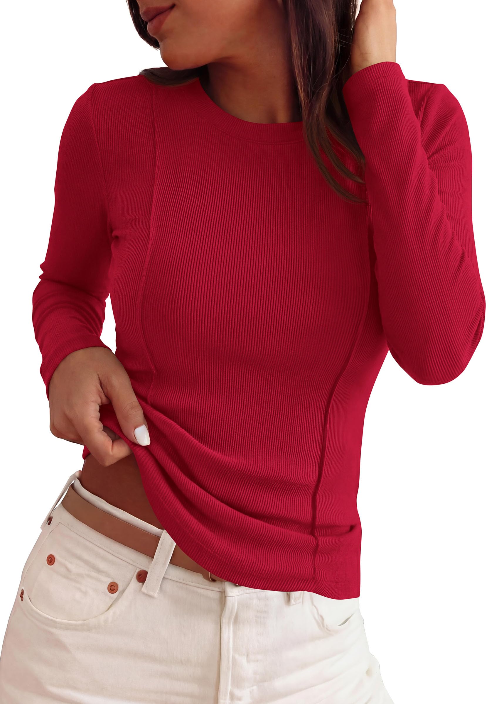 Womens Long Sleeve Shirts Fall Ribbed Basic Tee,Red,XS