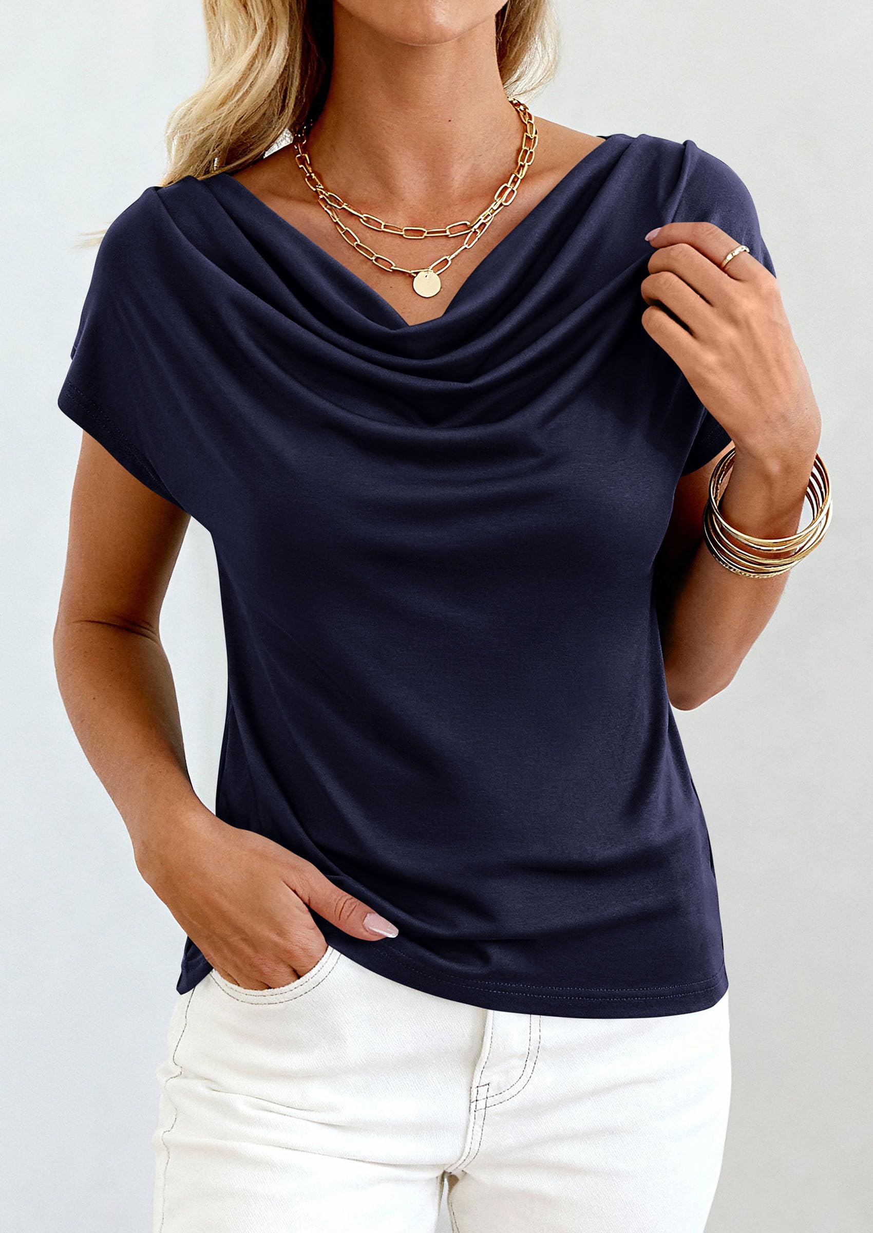 Womens Tops Dressy Business Casual Work Blouses, Navy Blue,XS