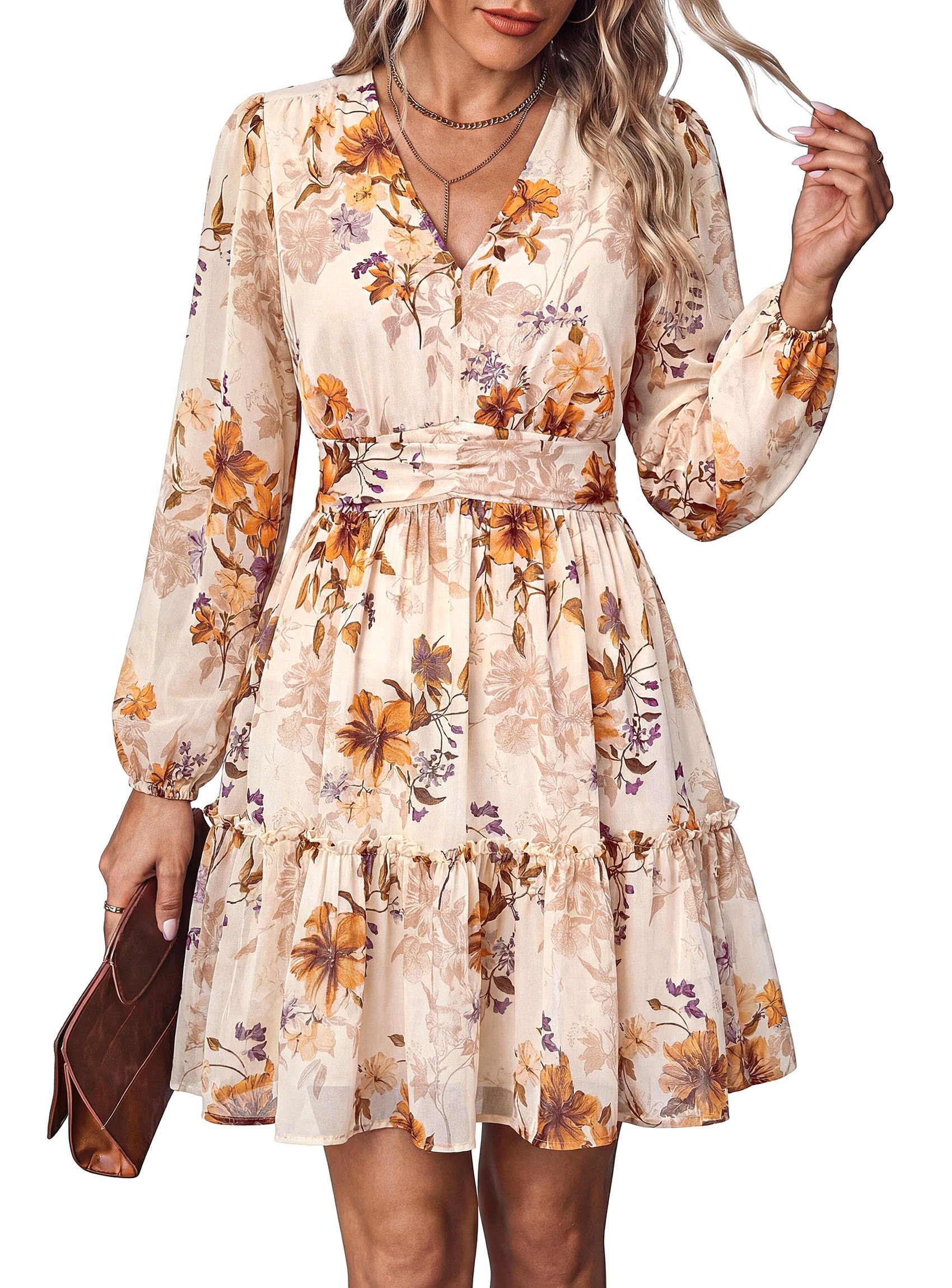 Women Floral Long Sleeve Mini Dress Fall Wedding Guest Dresses