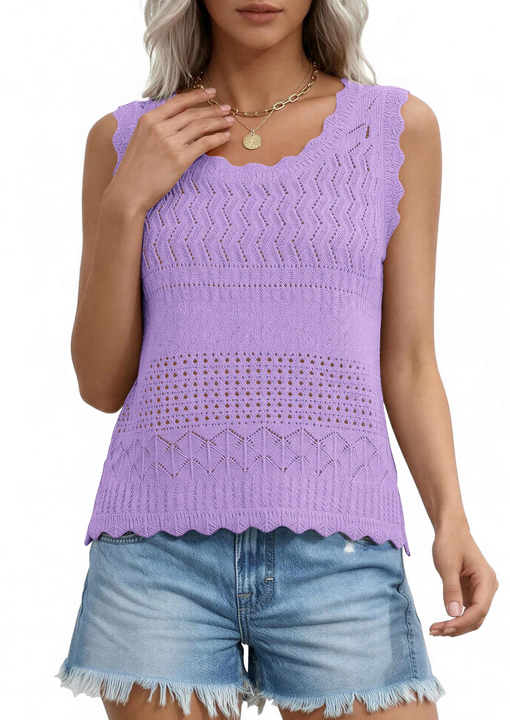 Womens Crochet Tank Tops Knit Sleeveless Vest,Purple,S