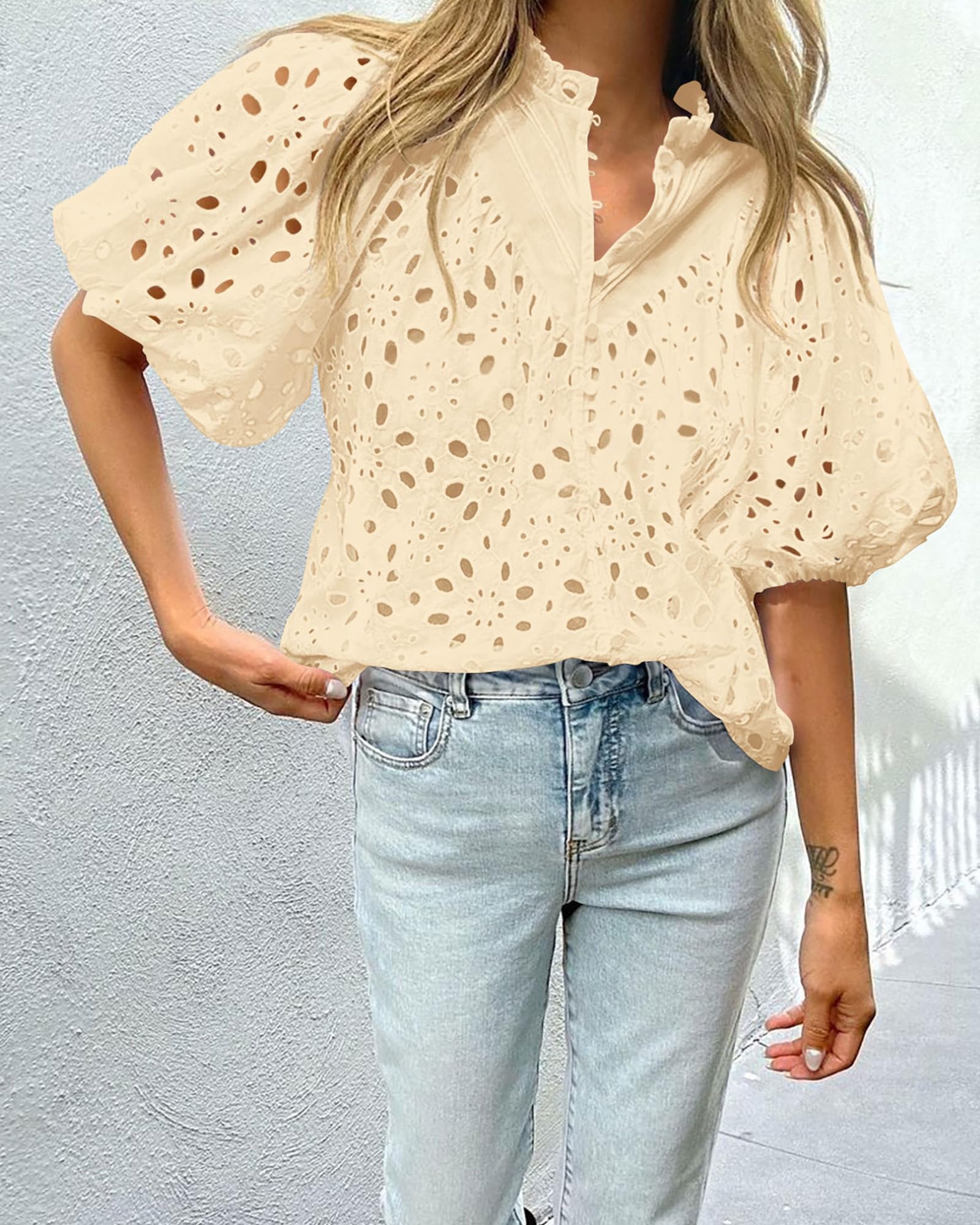 Womens Tops Boho Eyelet Puff Sleeve Blouse, Beige,S