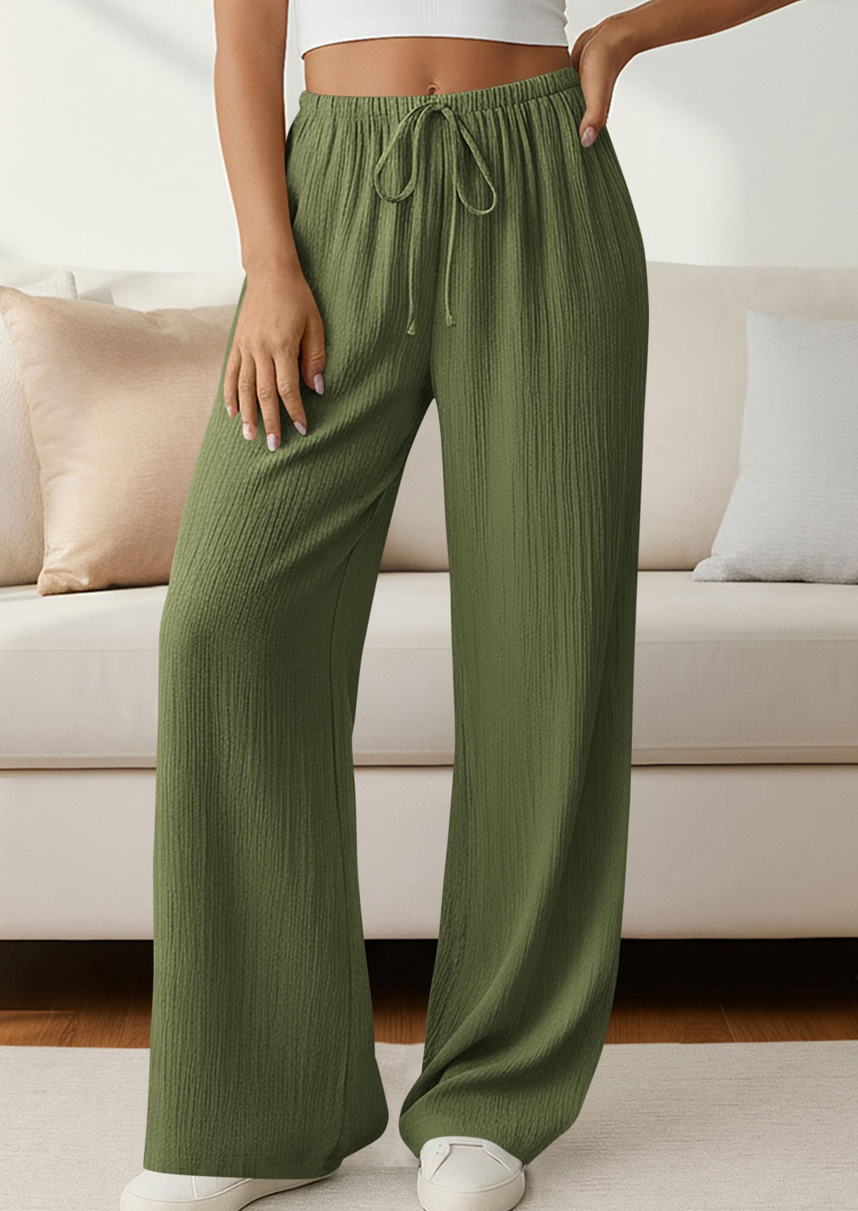 Women's Palazzo Pants Casual Wide Leg Trousers,Army Green,S