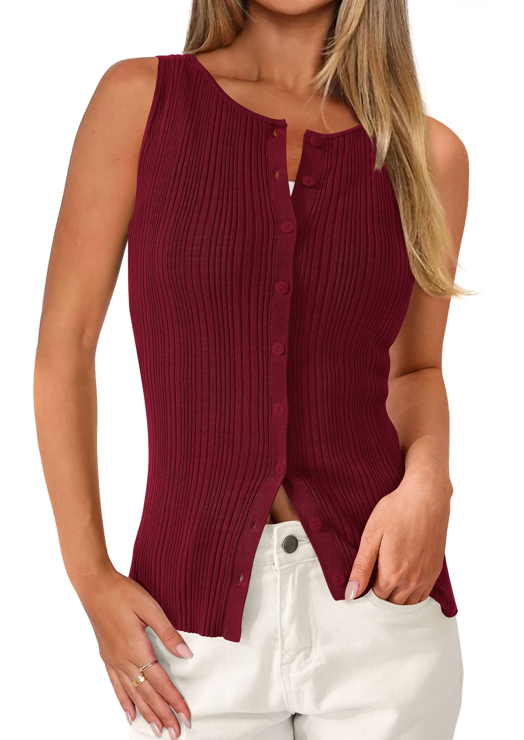 Sleeveless Button Down Shirts for Women Summer 2026 Going Out Ribbed Knit Tank Tops Y2K Clothes Trendy Vest Tops Wine Red