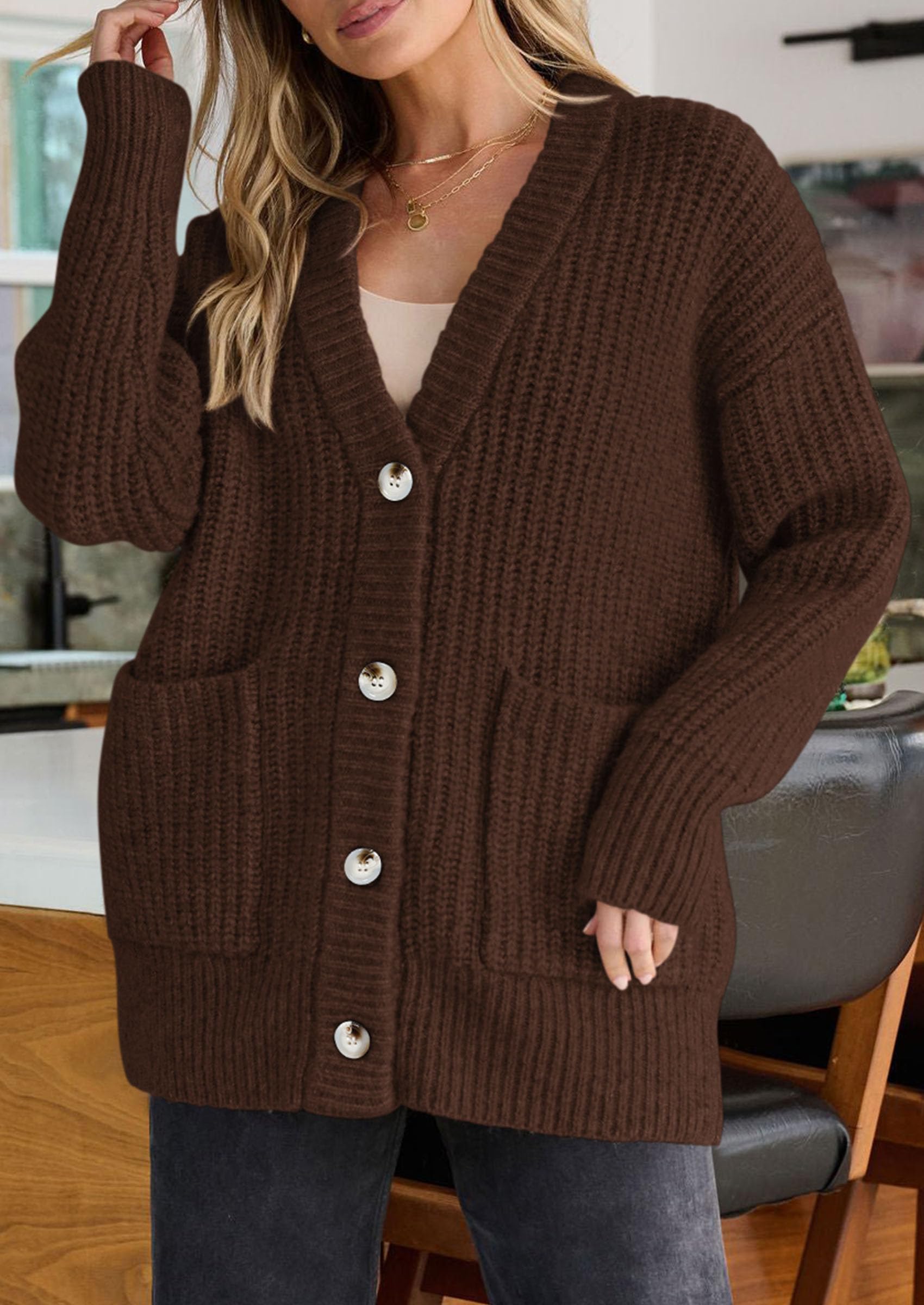 Oversized Cardigan Sweaters for Women Button Up,Brown,S