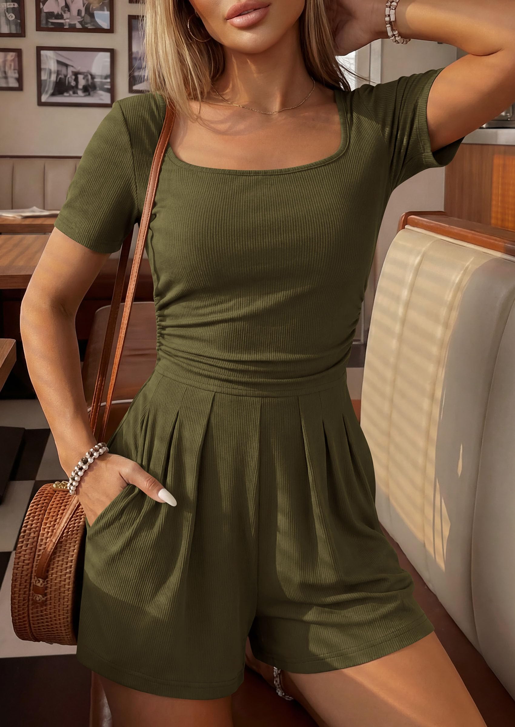 Womens One Piece Short Sleeve Rompers,Army Green,S
