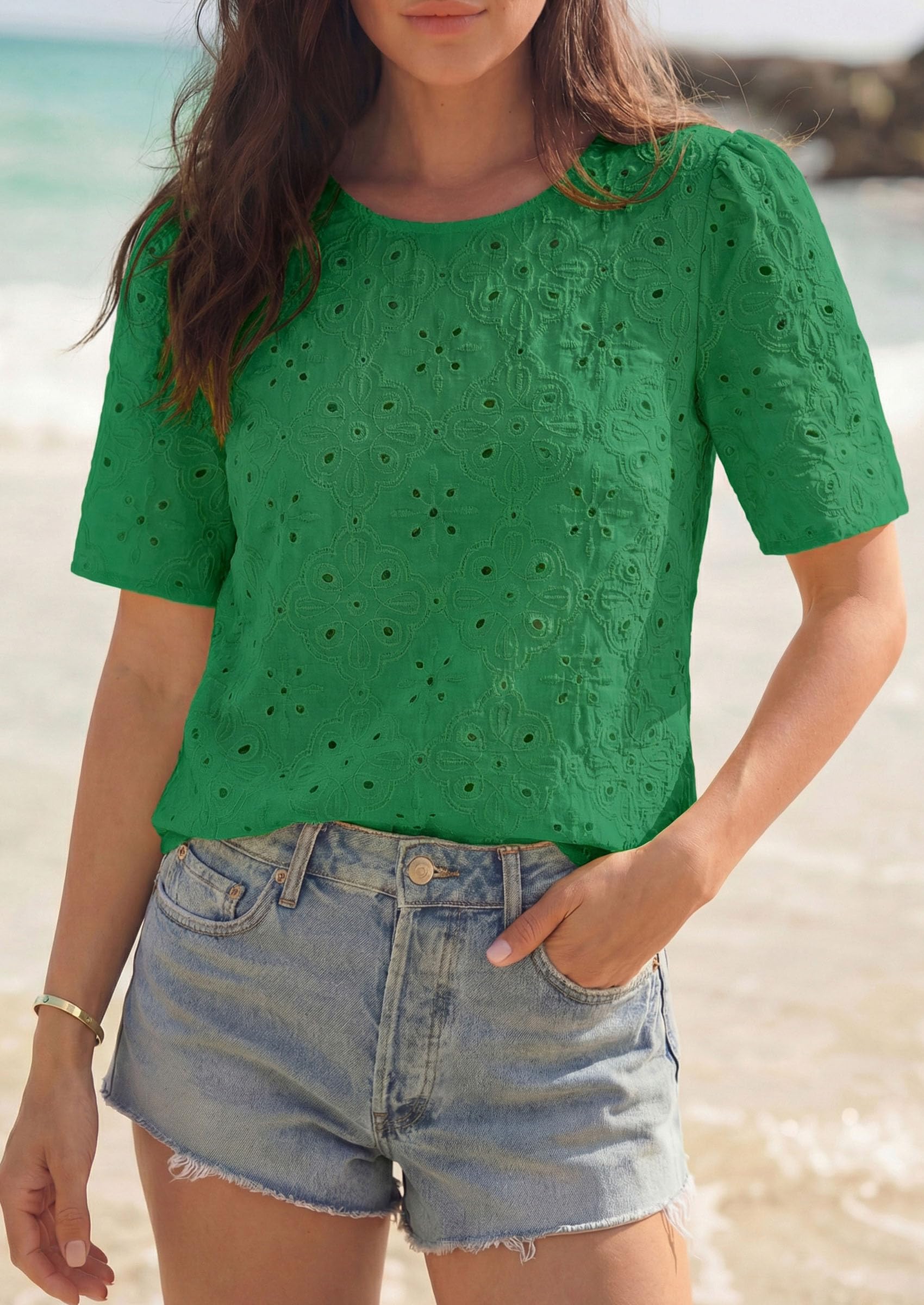 Women's Embroidered Eyelet Short Sleeve Blouse, Green,XS
