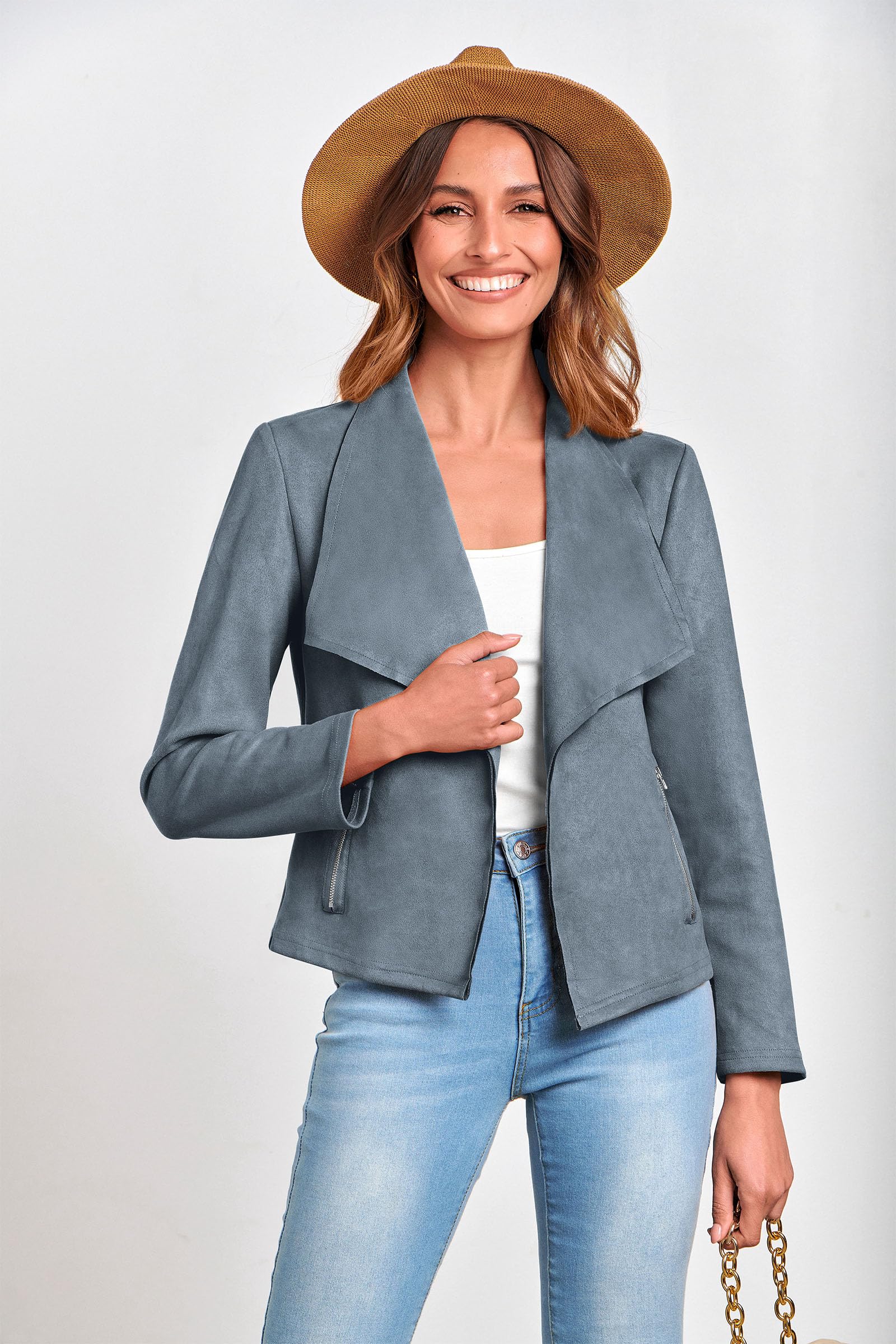 Women's Fall Fashion Faux Suede Jackets(Grey Blue,Small)