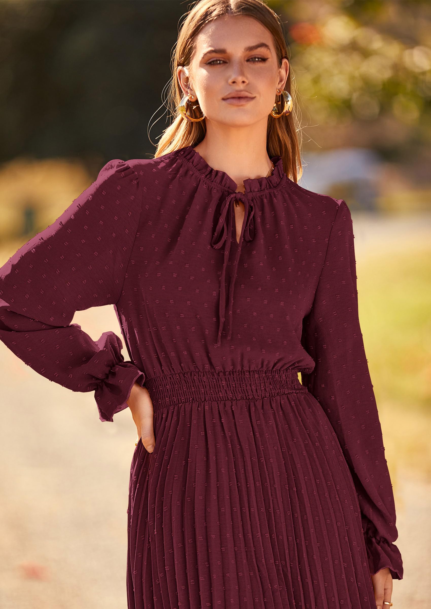 Women's Fall Midi Wedding Guest Dress(Dark Wine Red,Small)