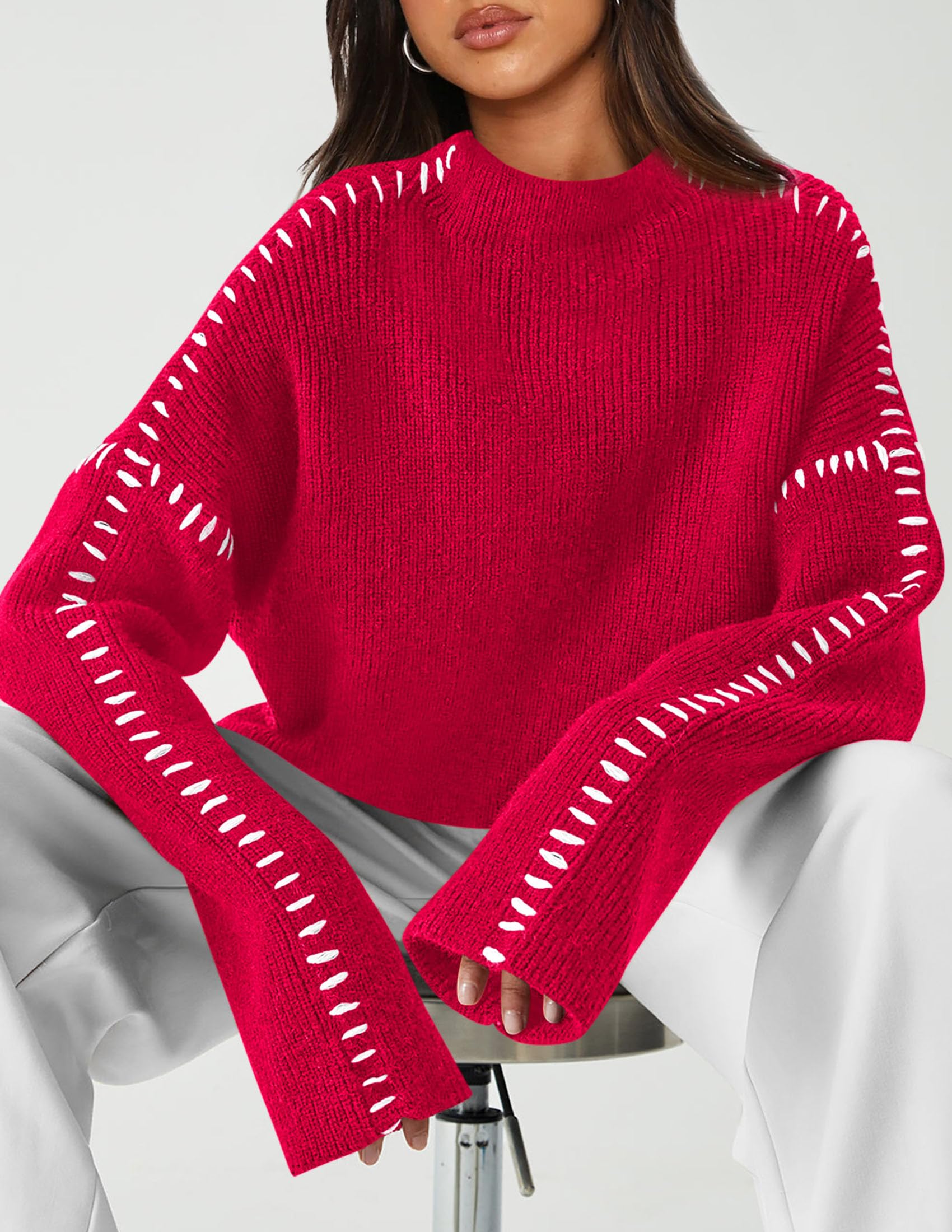 Womens Chunky Knit Oversized Pullover Sweaters,Red,S
