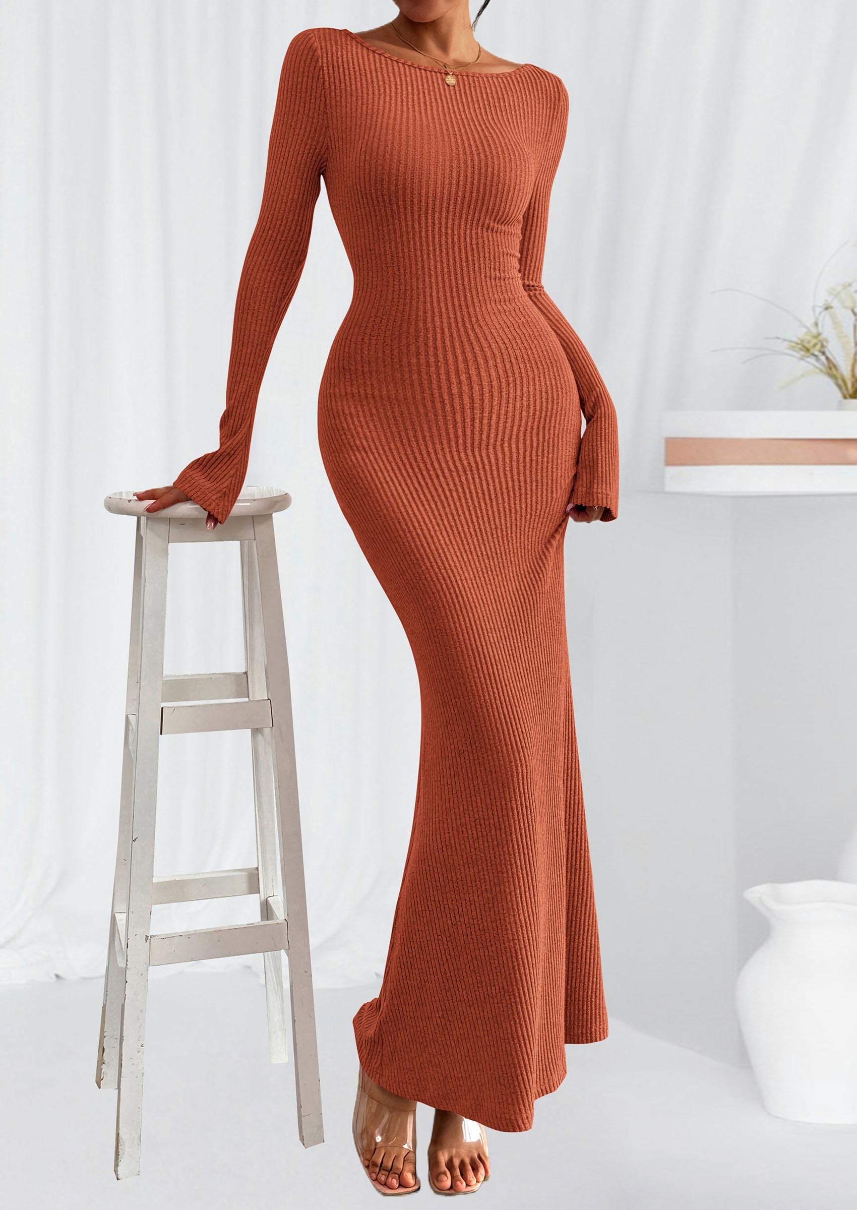 Women's Fall Long Sleeve Bodycon Maxi Dresses Burnt Orange,M