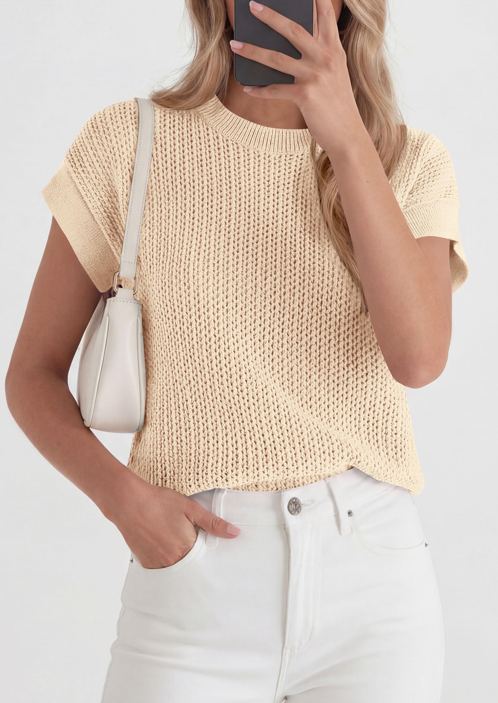 Women's Summer Sweater Vest Crochet Tops (Apricot,S)