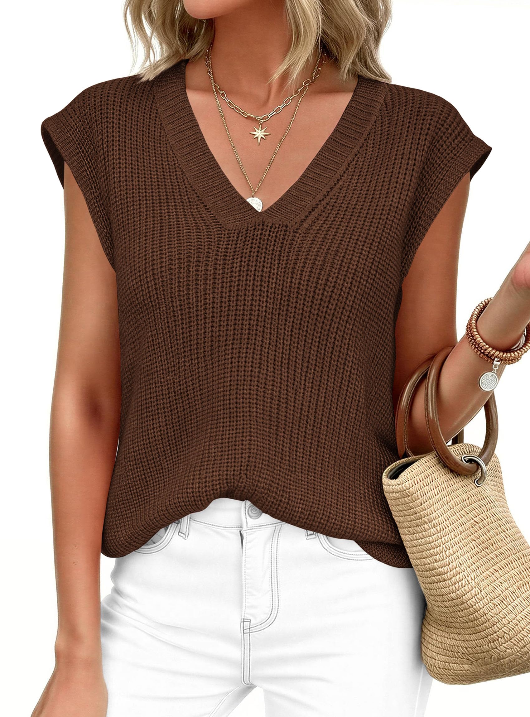 Women's Cap Sleeve Sweaters Vest Summer Tops (Coffee,S)