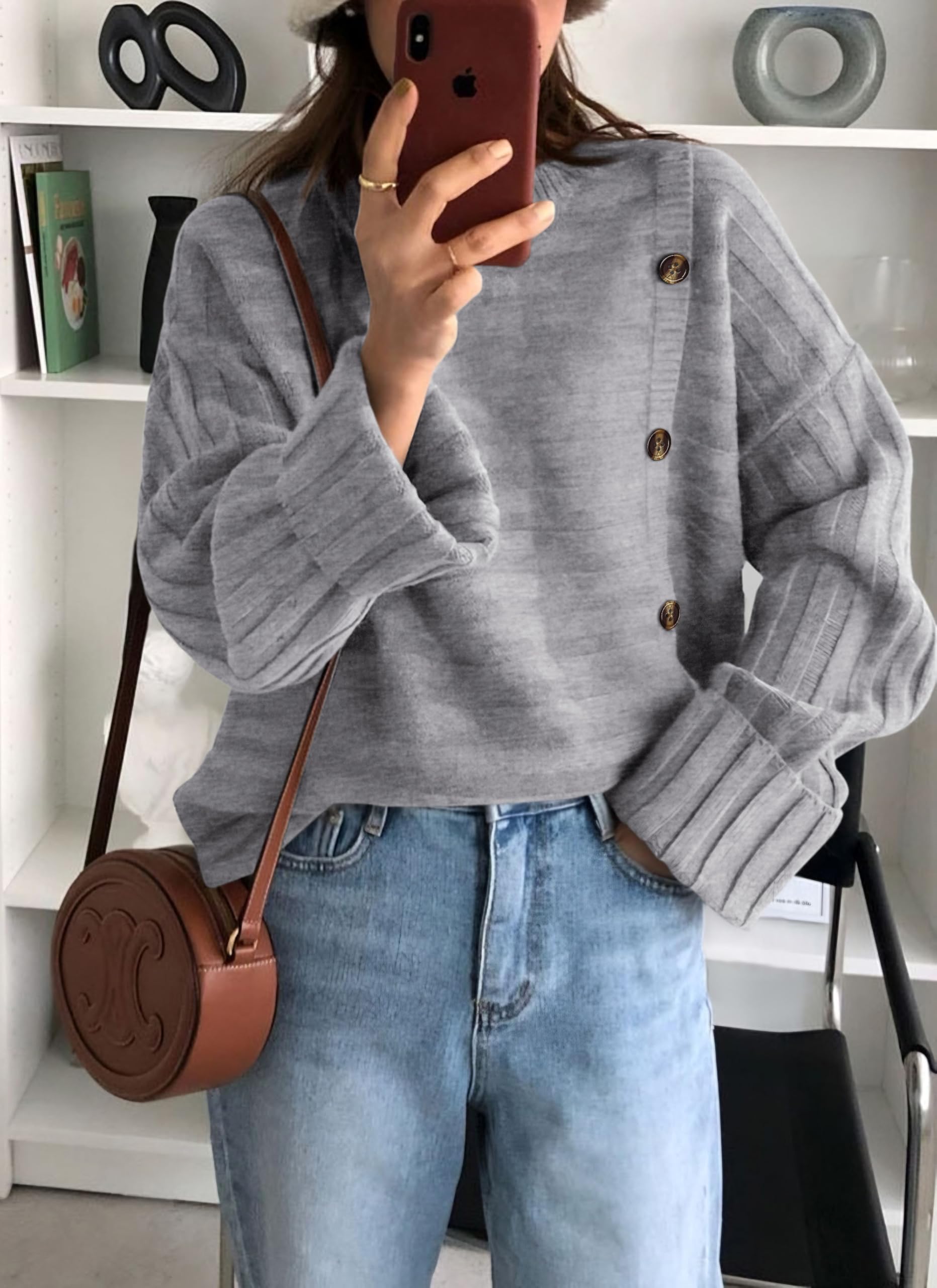 Womens Asymmetric Button Long Sleeve Sweater,Light Grey,S