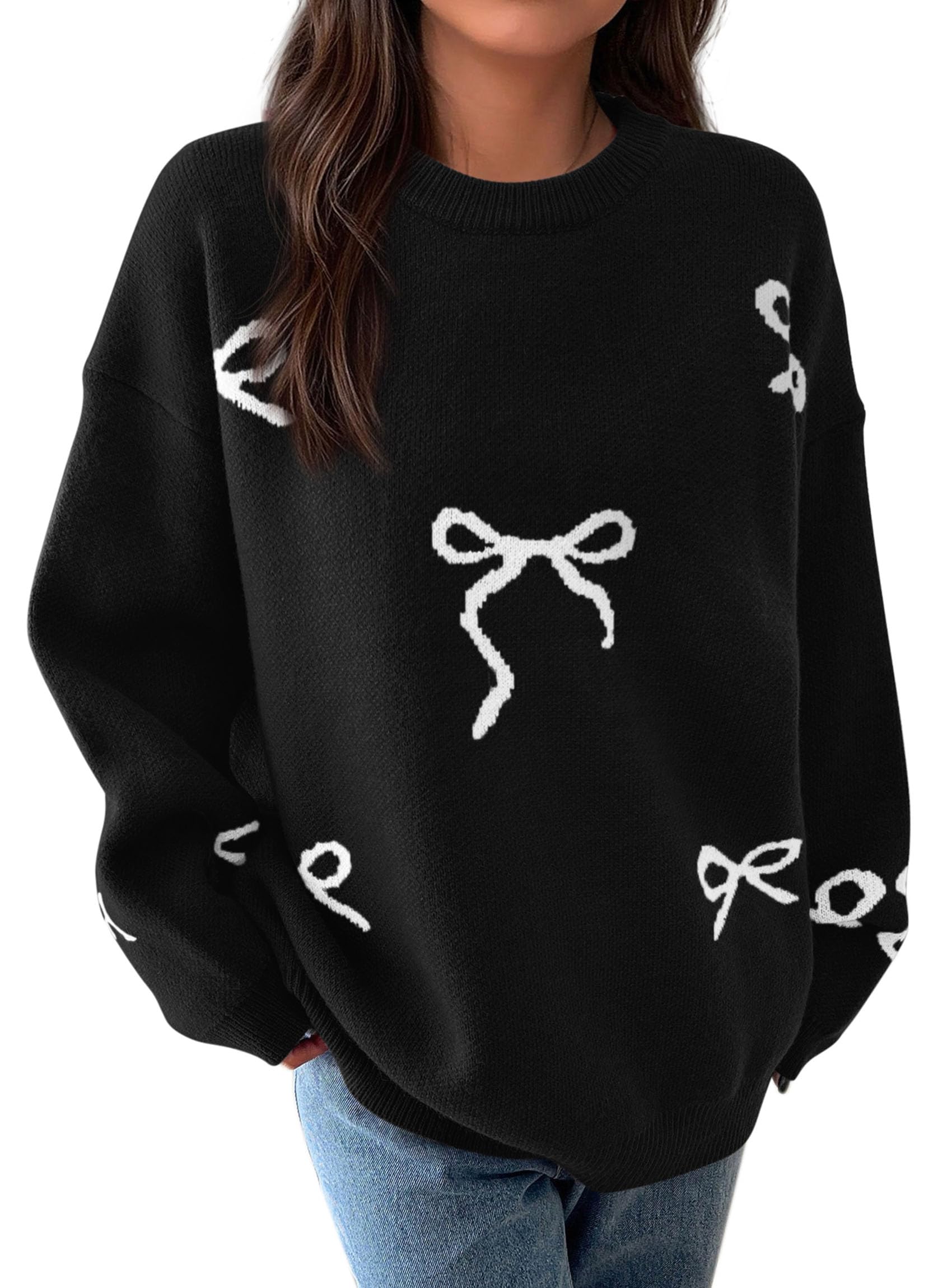 Fall Long Sleeve Pullover Sweaters for Women 2026 Trendy Crewneck Casual Cute Bow Chunky Knit Oversized Sweater (Black,Small)