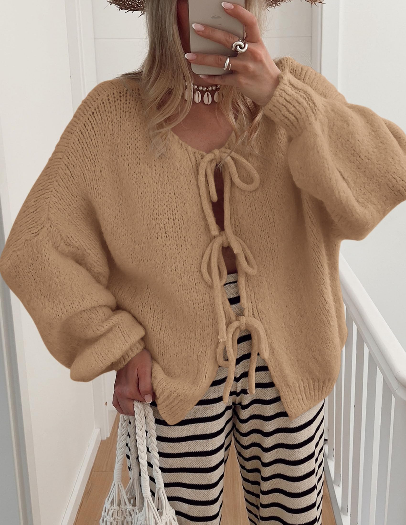 Women's Tie Front Bow Cardigan Sweaters(Camel,Small)