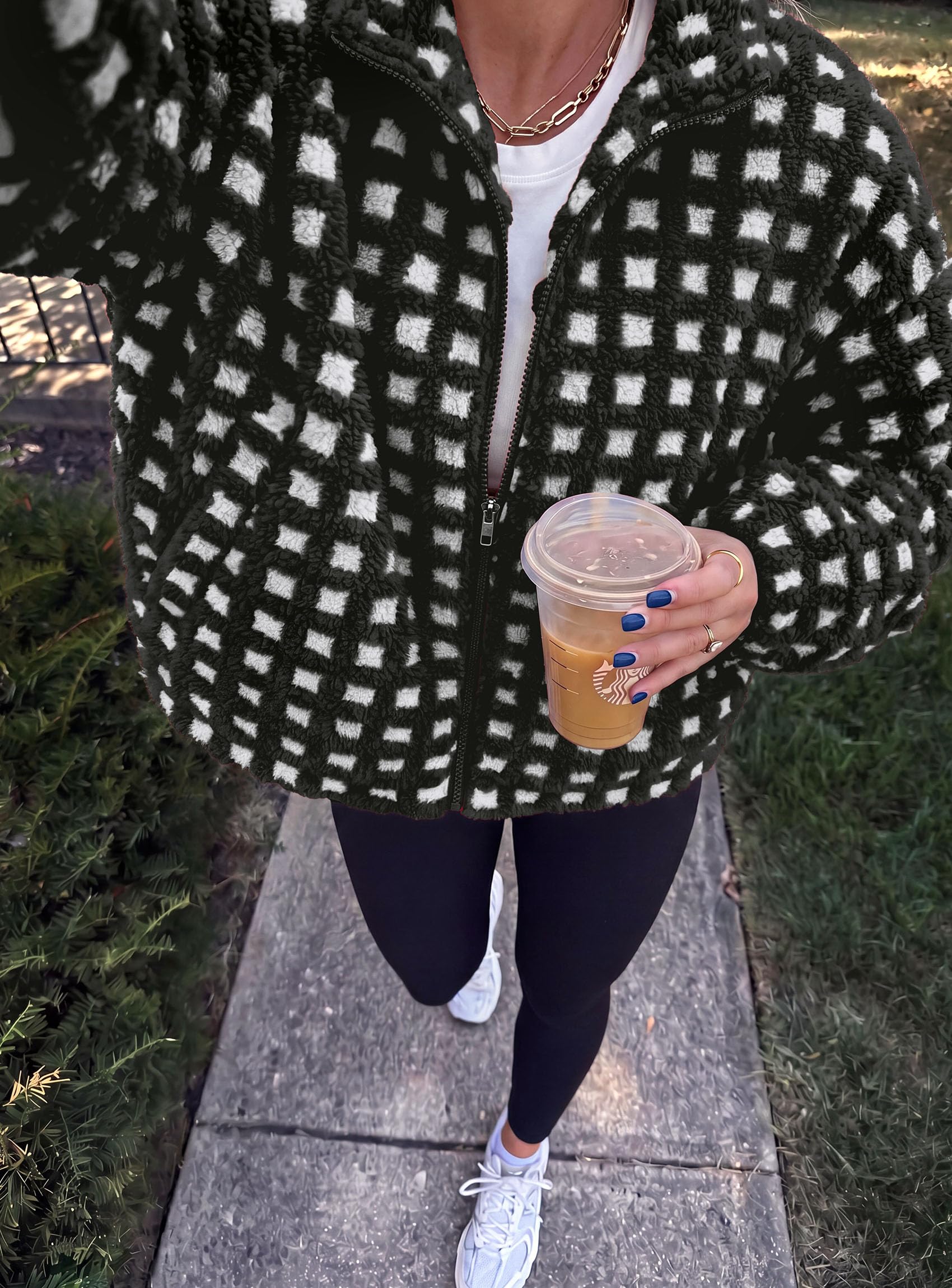 Women's Gingham Sherpa Fleece Jacket Plaid Cropped Teddy Coat