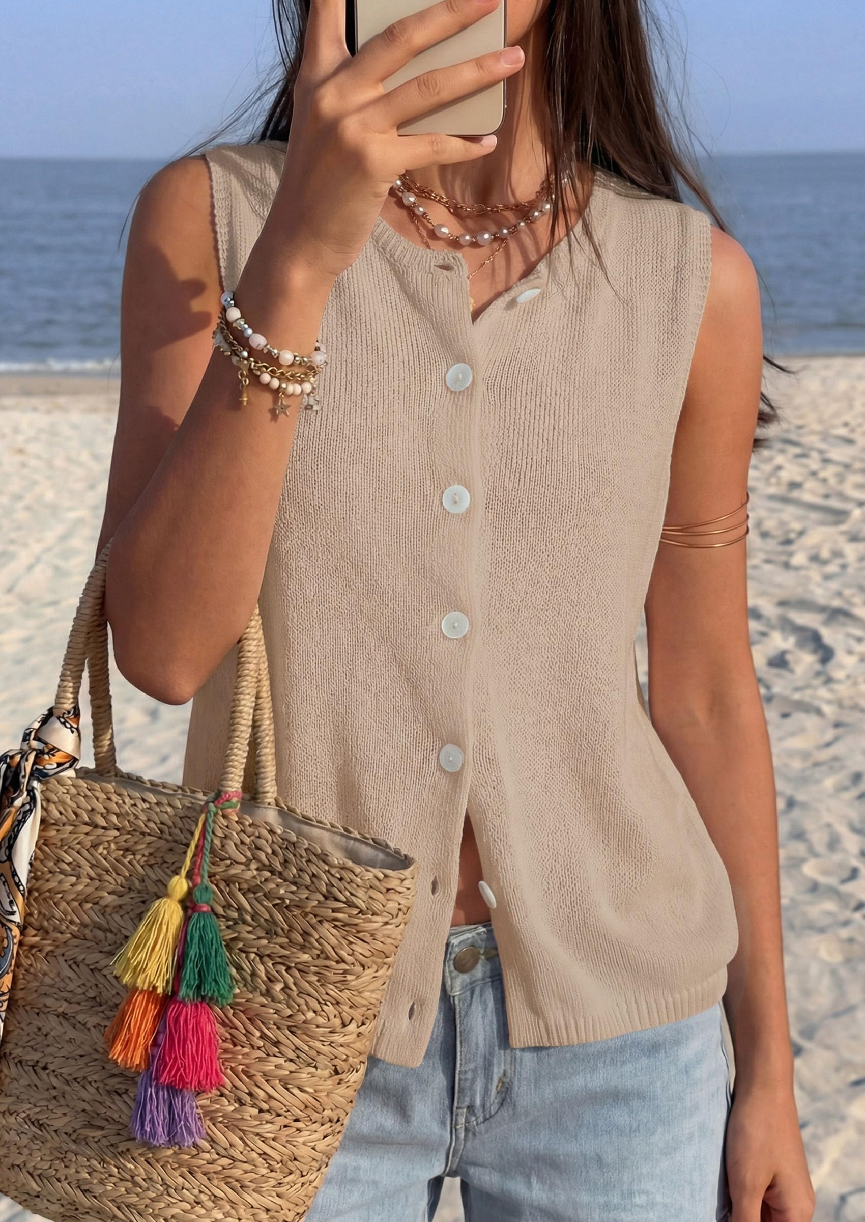 Women's Summer Button Up Sweater Vest Tops,Khaki,S